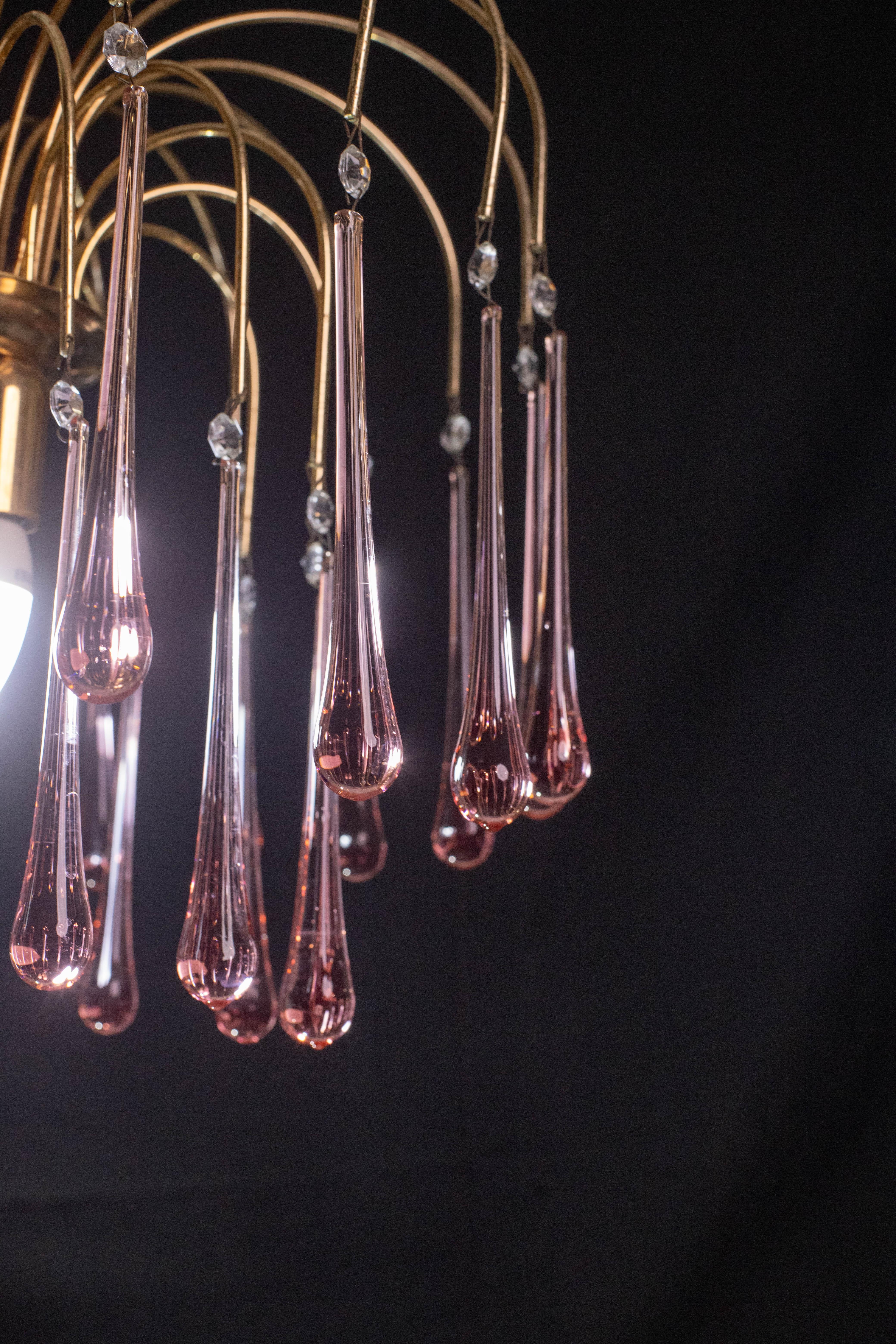 Lady Emily, Pink Drops Murano Chandelier, 1970s In Good Condition For Sale In Roma, IT