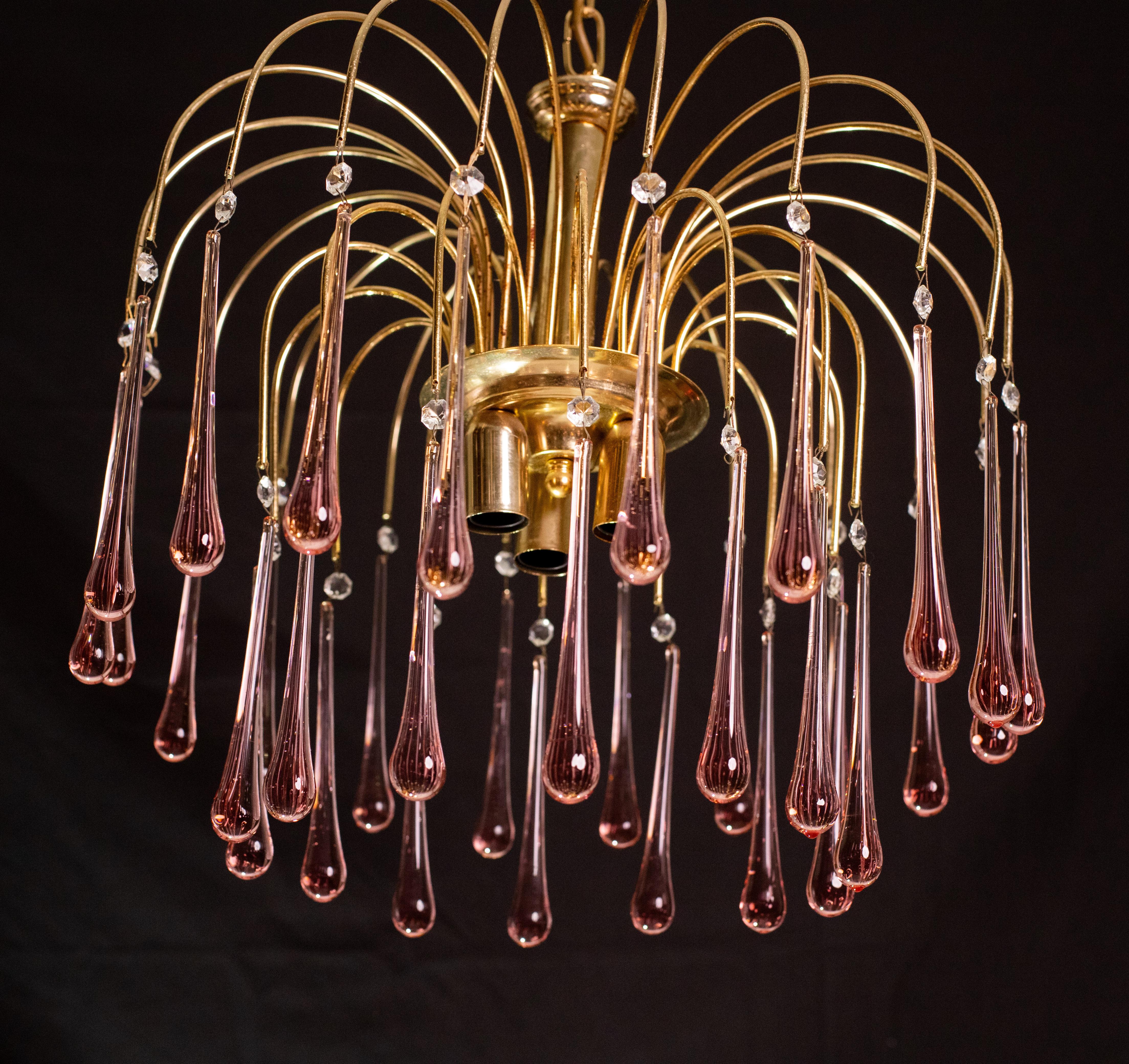 Murano Glass Lady Emily, Pink Drops Murano Chandelier, 1970s For Sale