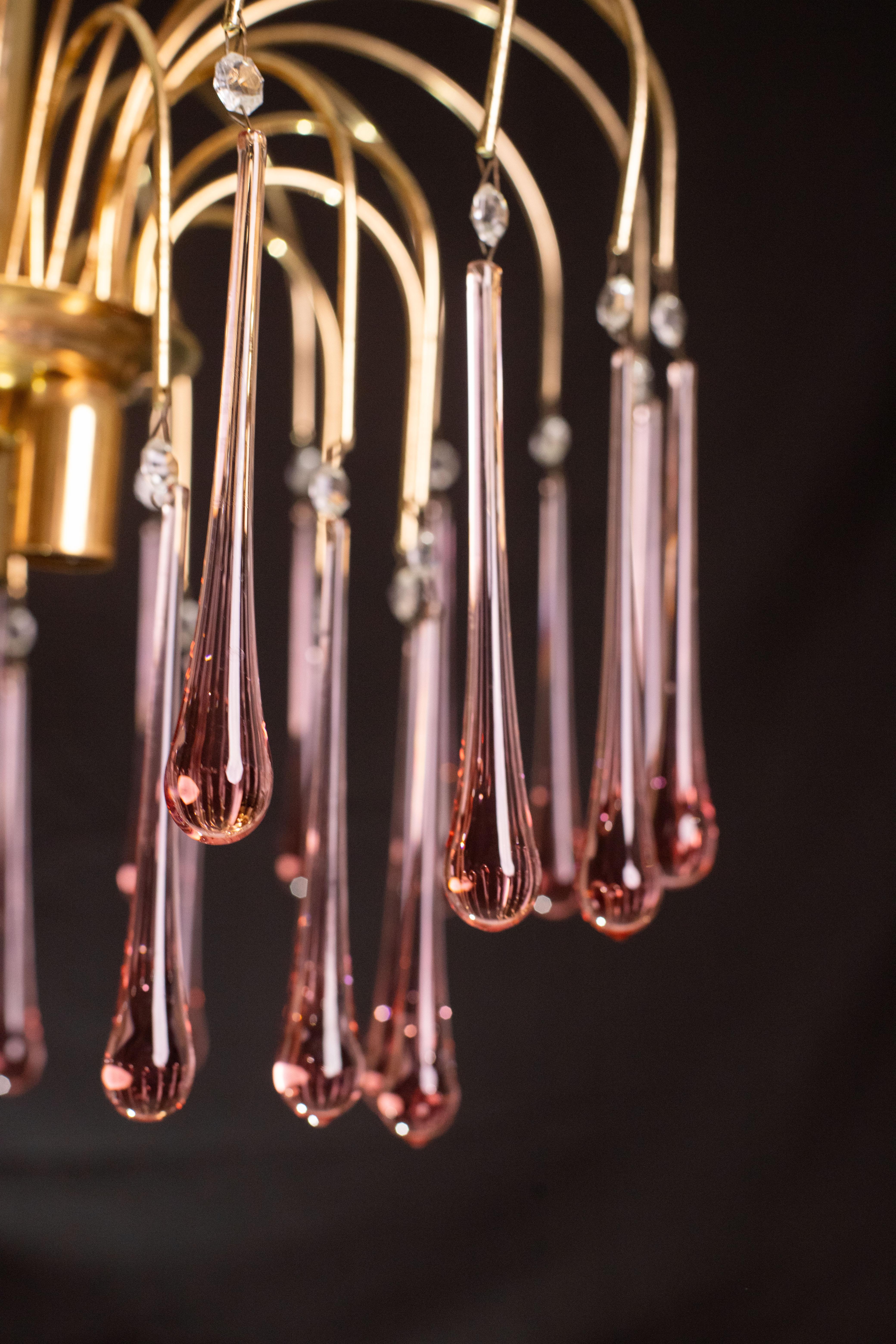 Lady Emily, Pink Drops Murano Chandelier, 1970s For Sale 2