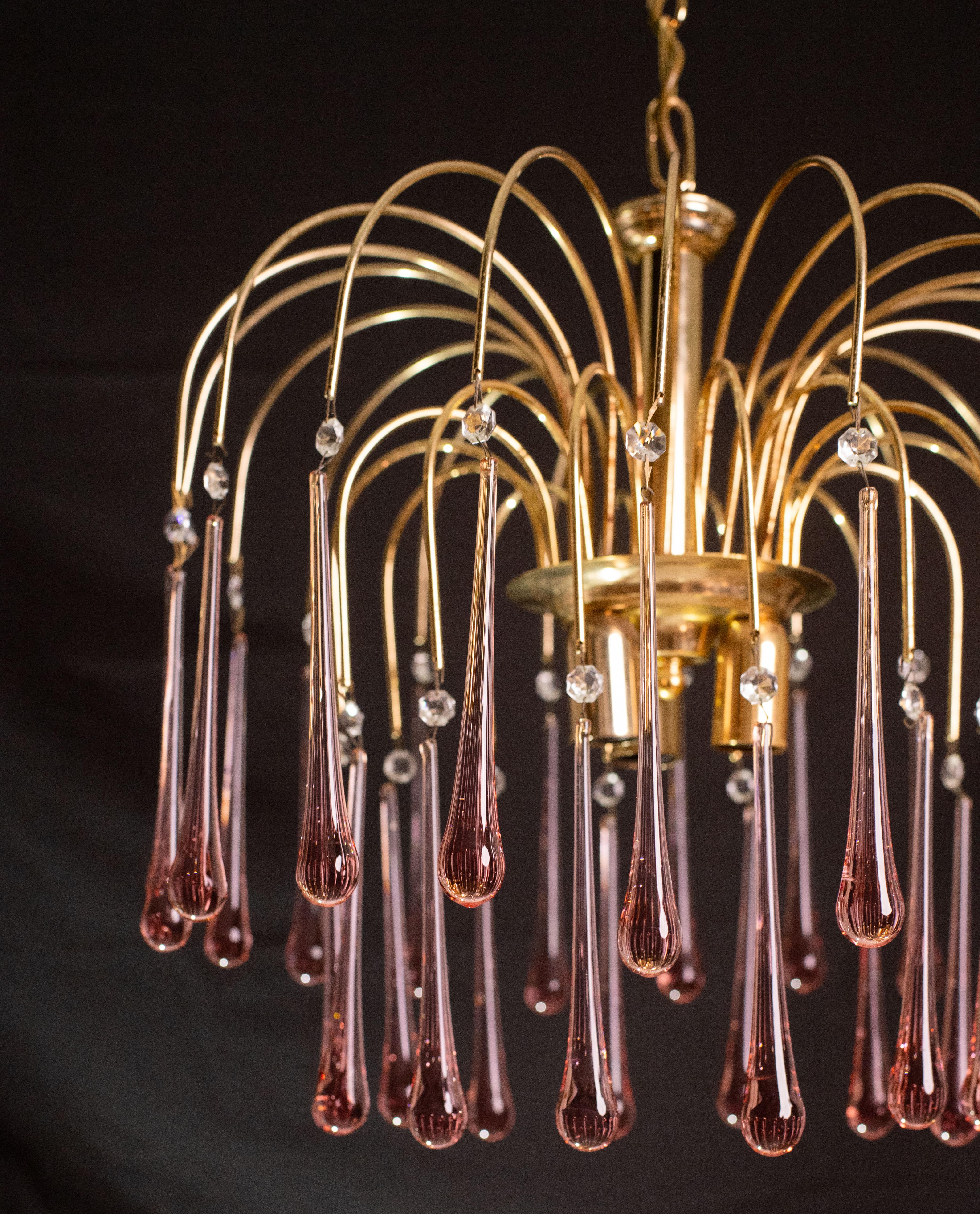 Lady Emily, Pink Drops Murano Chandelier, 1970s For Sale 4