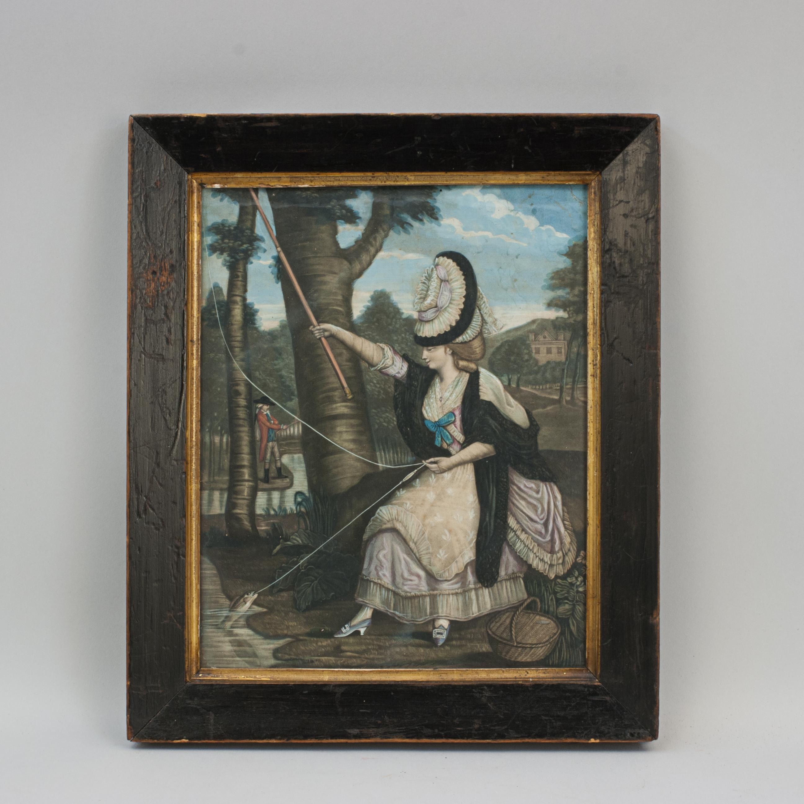 Early 18th Century Fishing Picture, Lady Fly Fishing
A rare 18th century fly fishing picture, made even more rare by the subject matter of a female angler. She has caught a fish and is pulling it into the bank. A wicker creel is by her feet ready to