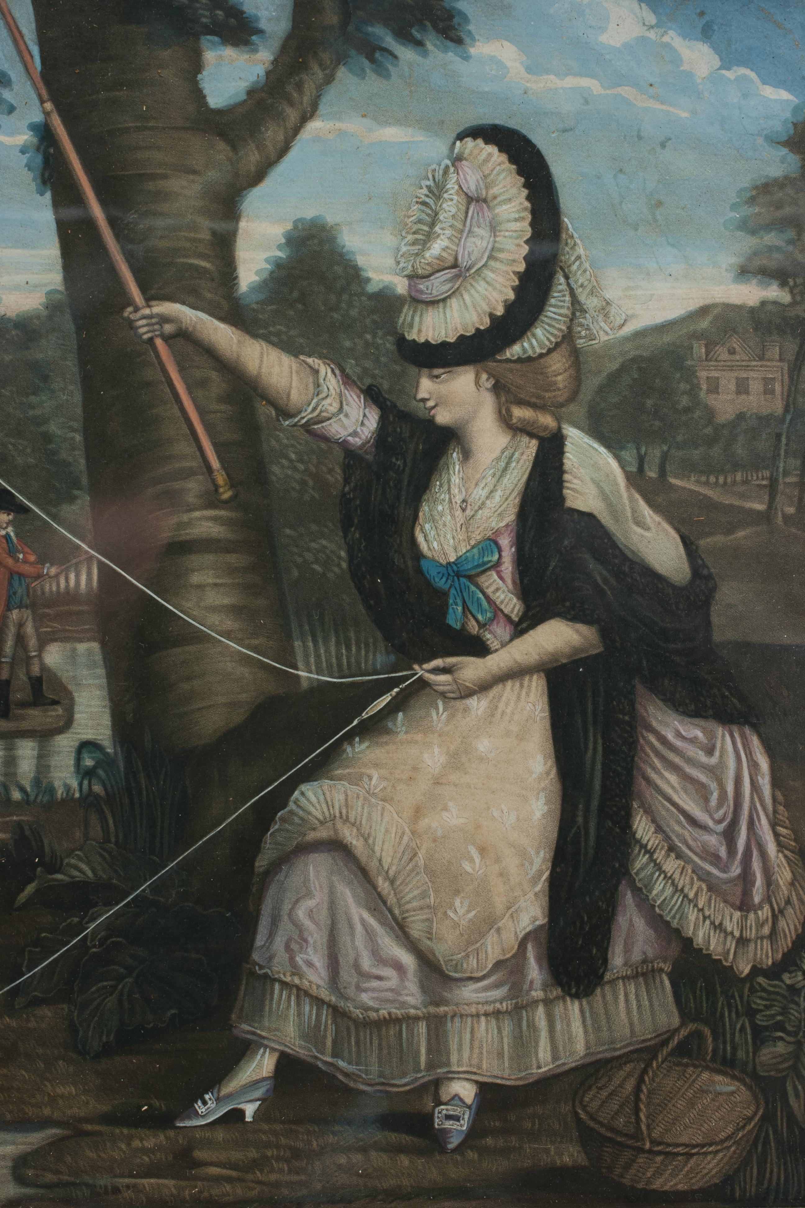 Anglais Peinture d'une femme pêchant à la mouche en vente