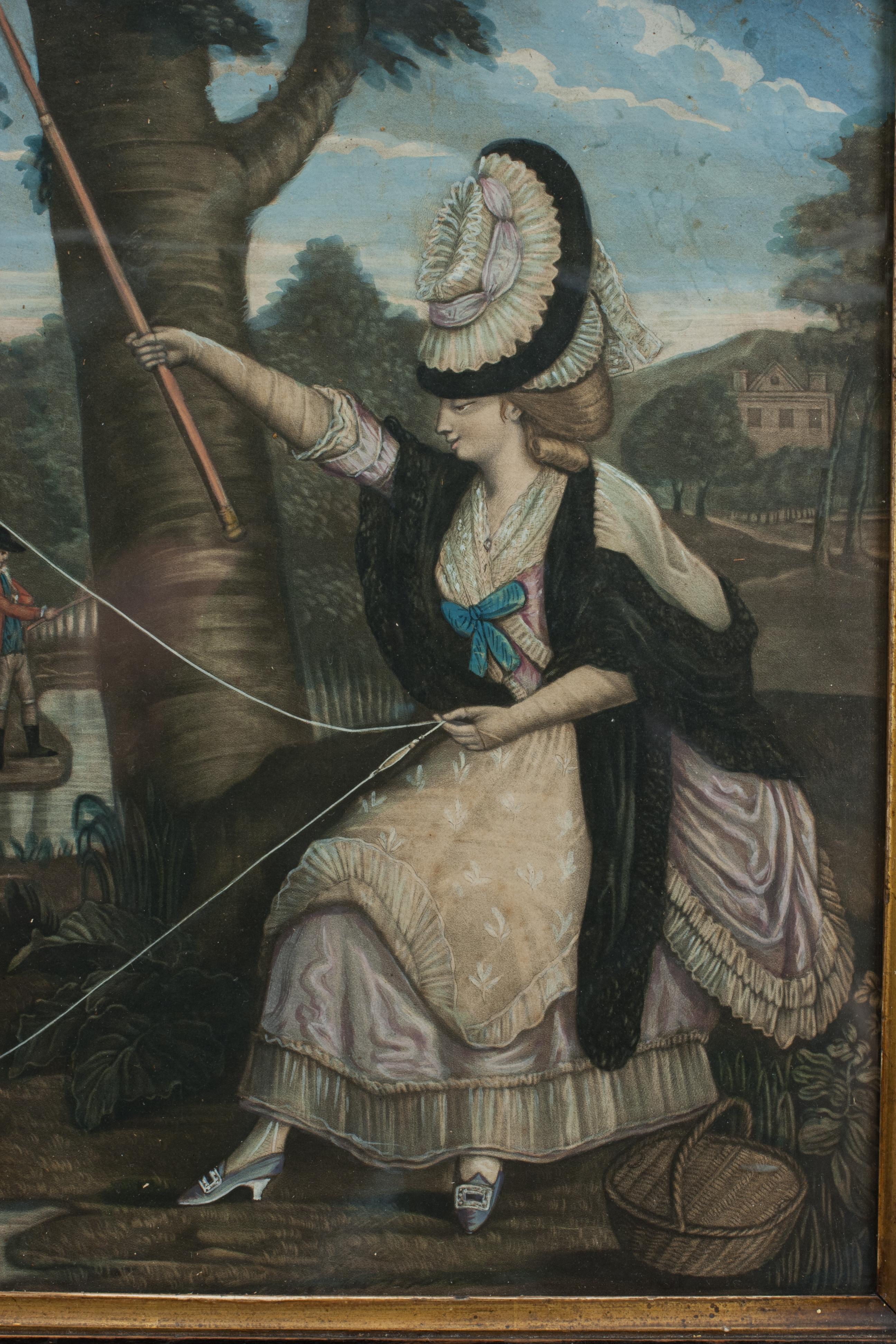 XVIIIe siècle Peinture d'une femme pêchant à la mouche en vente