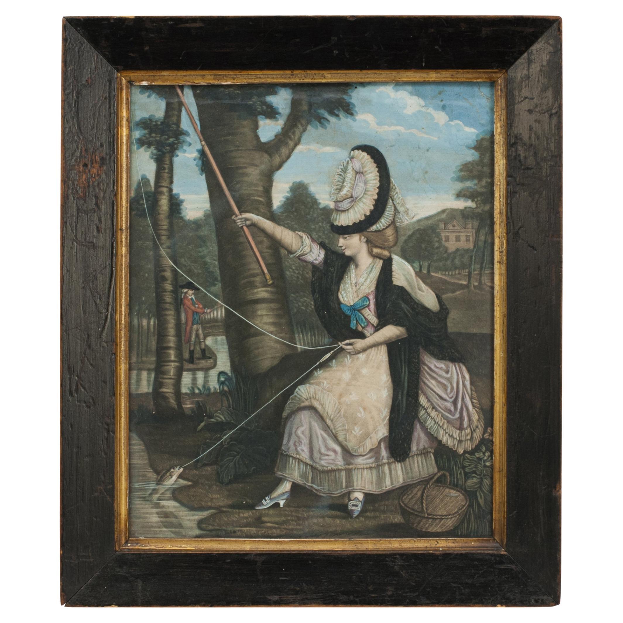 Peinture d'une femme pêchant à la mouche en vente