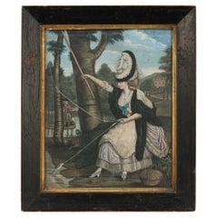 Peinture d'une femme pêchant à la mouche