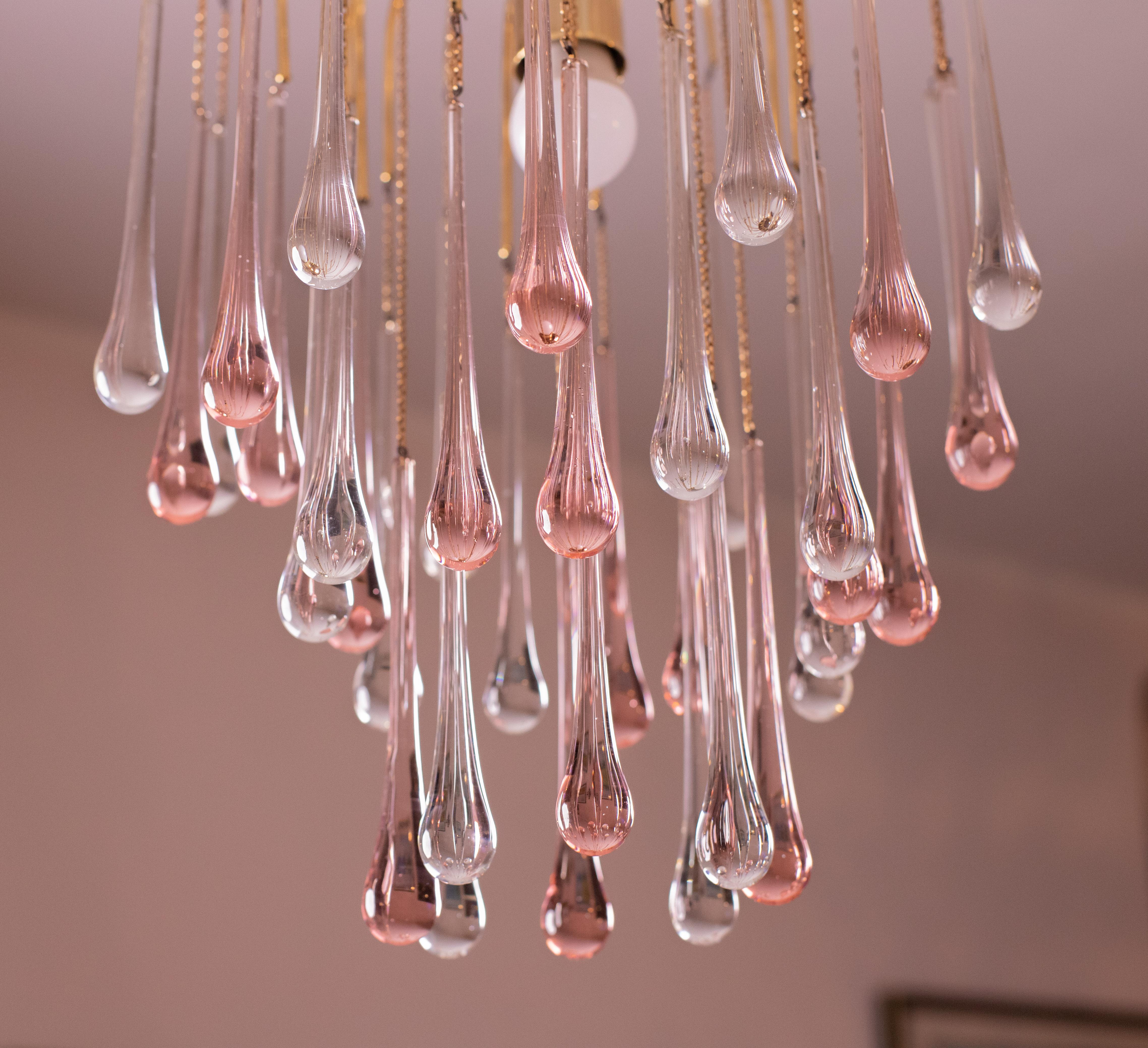 Lady Grace, Chandelier with Pink and Transparent Pendants, Murano Glass, 1970s For Sale 5