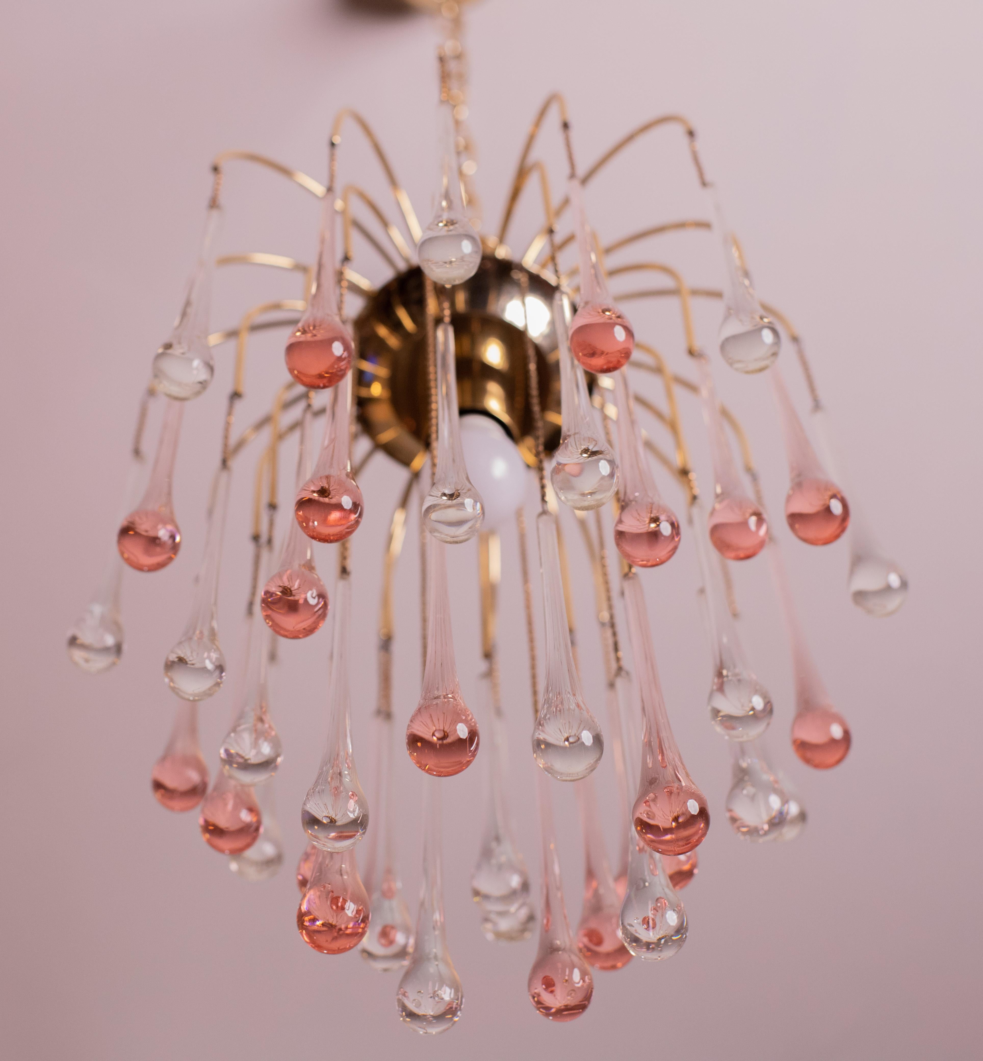 Lady Grace, Chandelier with Pink and Transparent Pendants, Murano Glass, 1970s For Sale 6