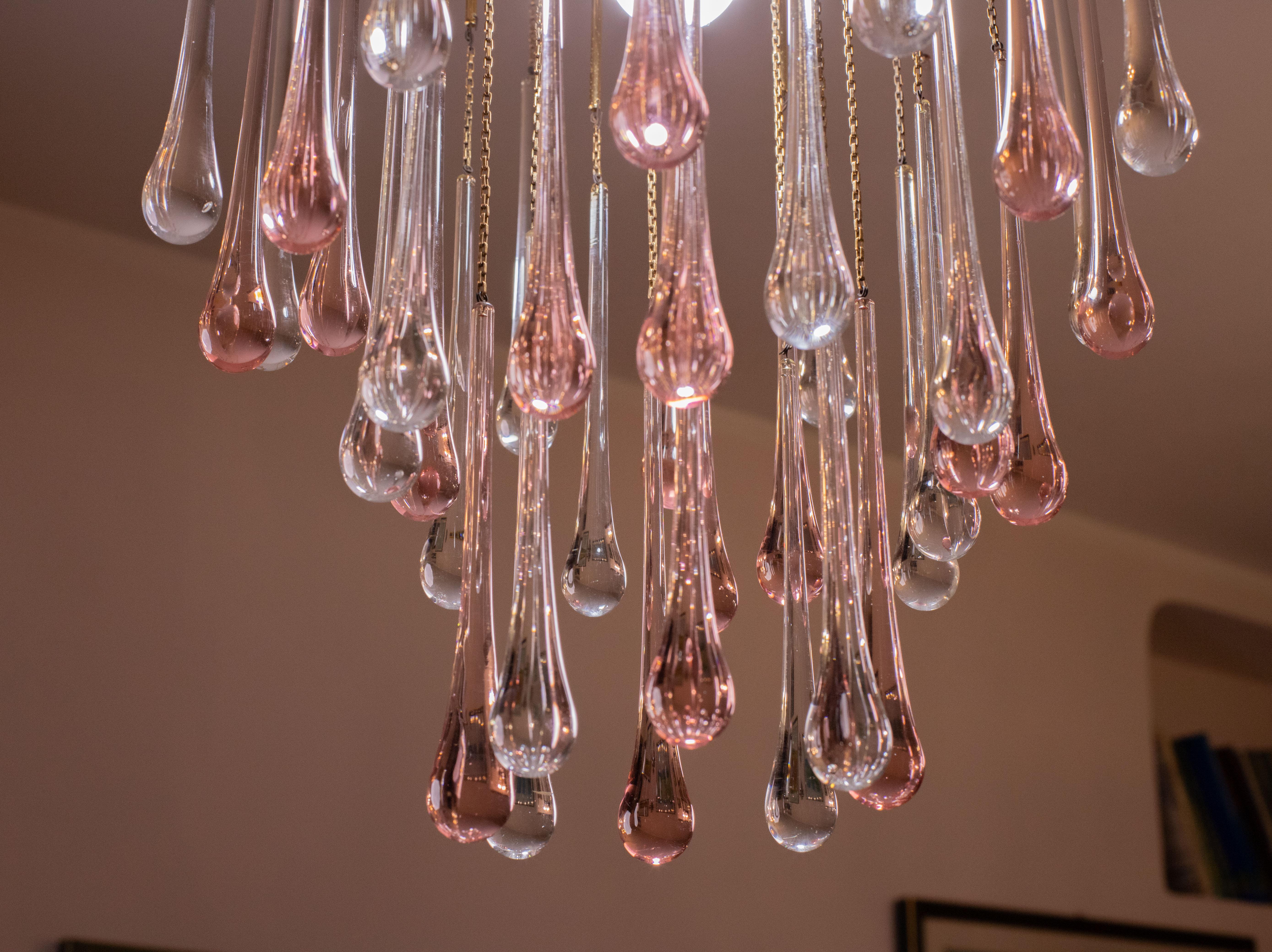 Late 20th Century Lady Grace, Chandelier with Pink and Transparent Pendants, Murano Glass, 1970s For Sale