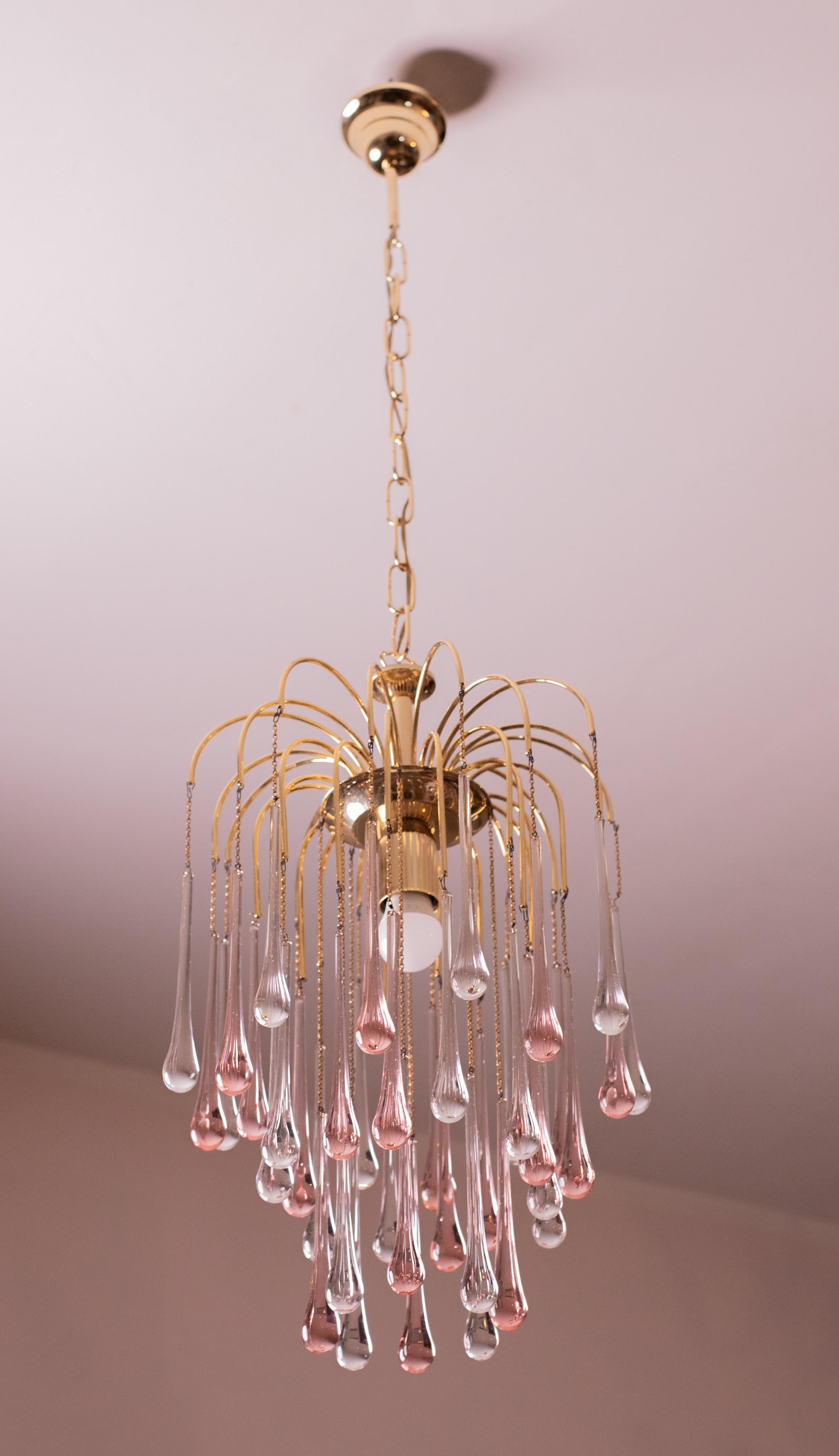 Lady Grace, Chandelier with Pink and Transparent Pendants, Murano Glass, 1970s For Sale 1