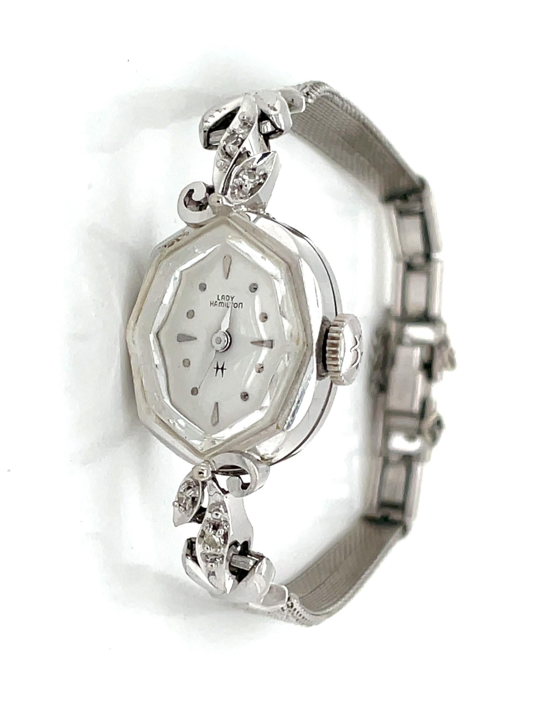Lady Hamilton 14 Karat White Gold Cocktail Wrist Watch w Diamond Accents For Sale at 1stDibs