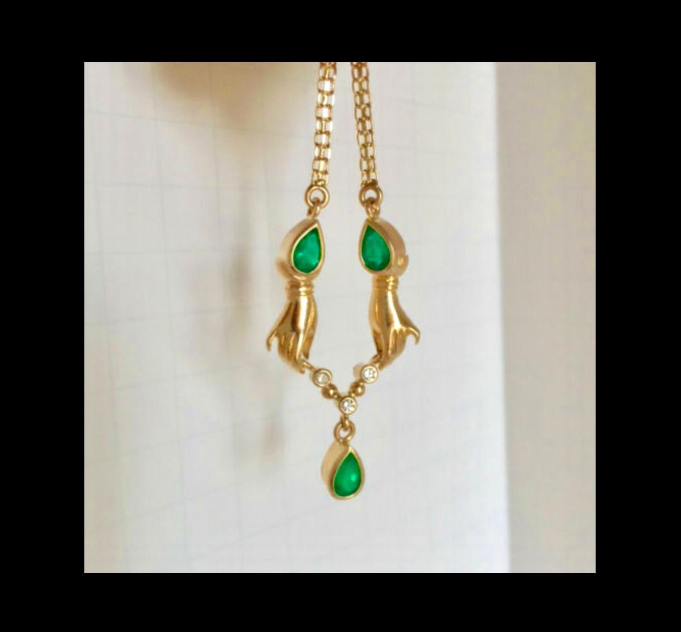 Pear Cut Lady Hands Emerald and Diamond Necklace 18 Karat Gold For Sale