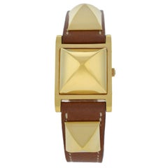 Lady Hermès Medor Stud Gold Plated Bracelet Leather Quartz Watch