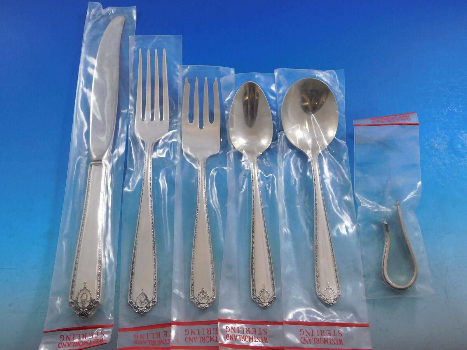 Unused Lady Hilton by Westmorland sterling silver flatware set, 53 pieces. This set includes:

8 Knives w/ modern stainless blades, 9 1/8