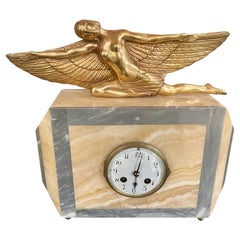 Lady Icarus Gilded Art Deco Statue Adorns Marble French Clock