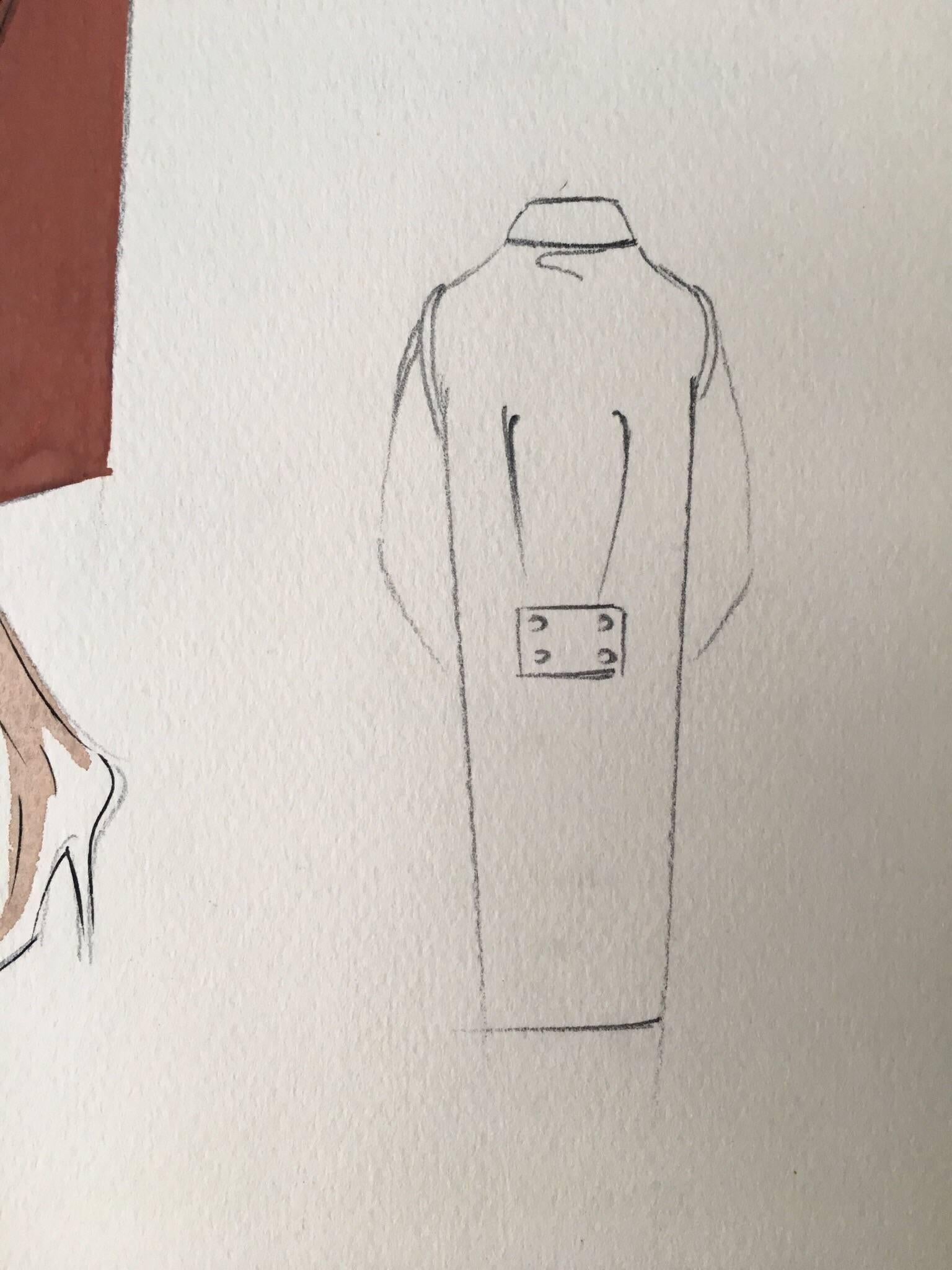 Lady in 1950's Brown Over Coat Parisian Fashion Illustration Sketch In Good Condition In Cirencester, GB