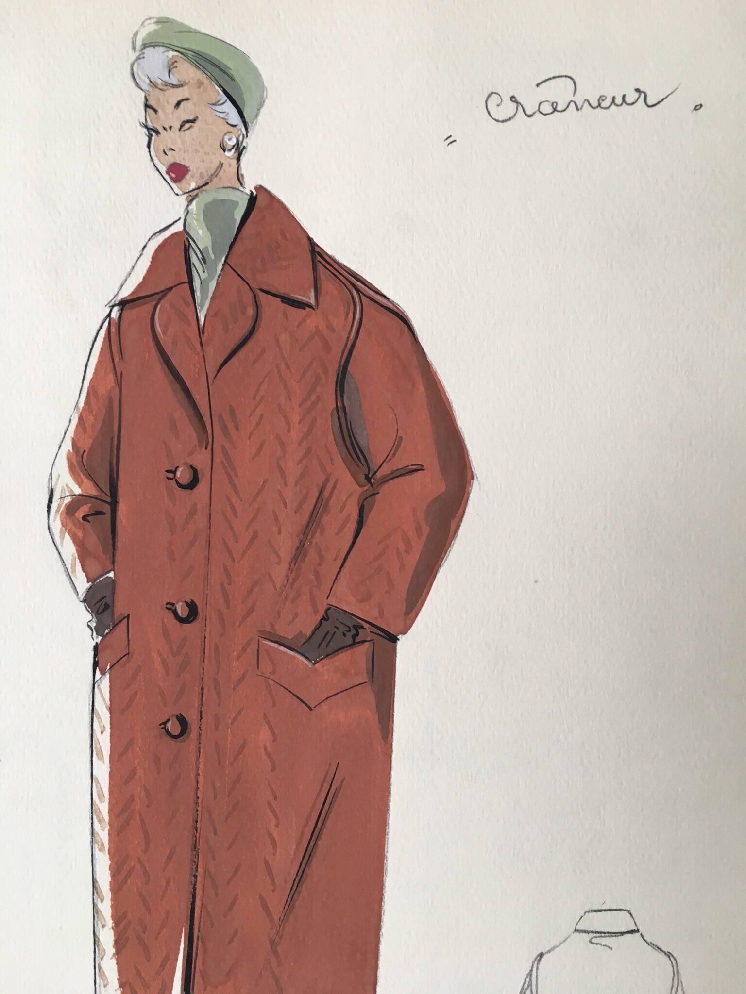 20th Century Lady in 1950's Brown Over Coat Parisian Fashion Illustration Sketch For Sale