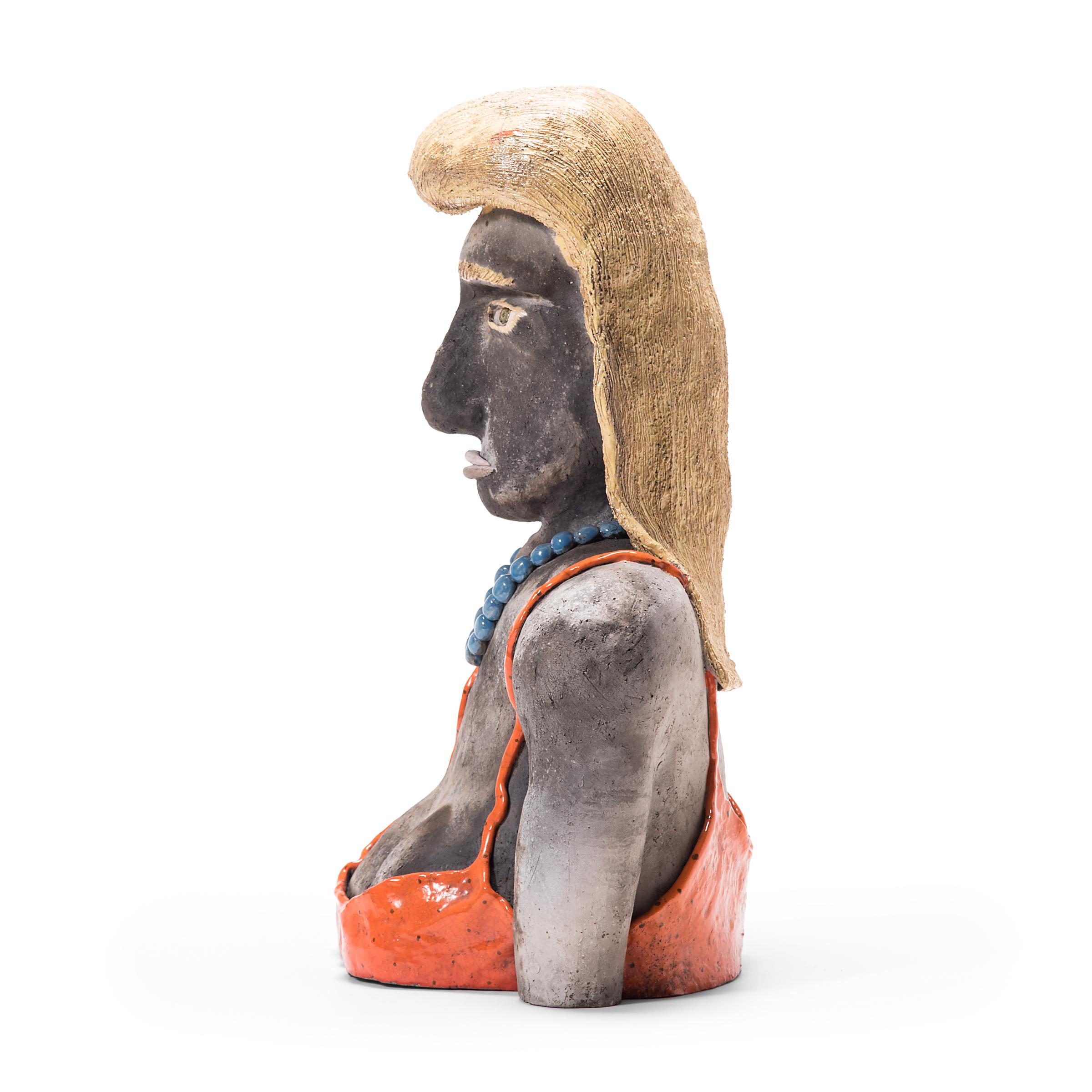 Although this whimsical sculpture by Allan Winkler has the look of outsider art, this ceramic work stems from the art school-trained artist’s interest in the Chicago Imagists. This group of artists added an urban twist to their surreal works by