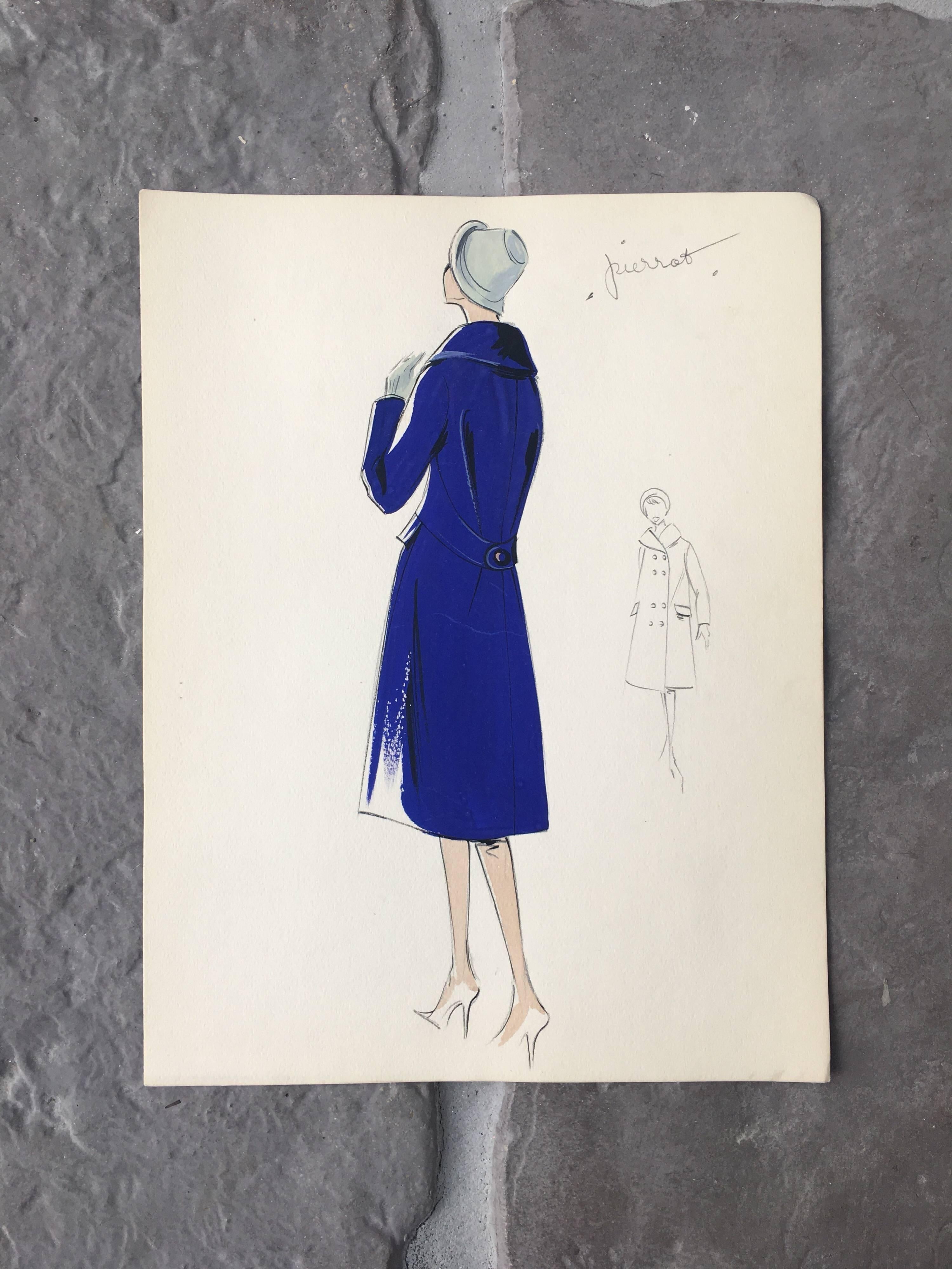 Very stylish, unique and original 1950's fashion design, no doubt of Parisian origin. 

The painting, executed in gouache and pencil, is stamped verso by its designer Claude Monnat. 

There is a smaller scaled sketch of the front detailing next