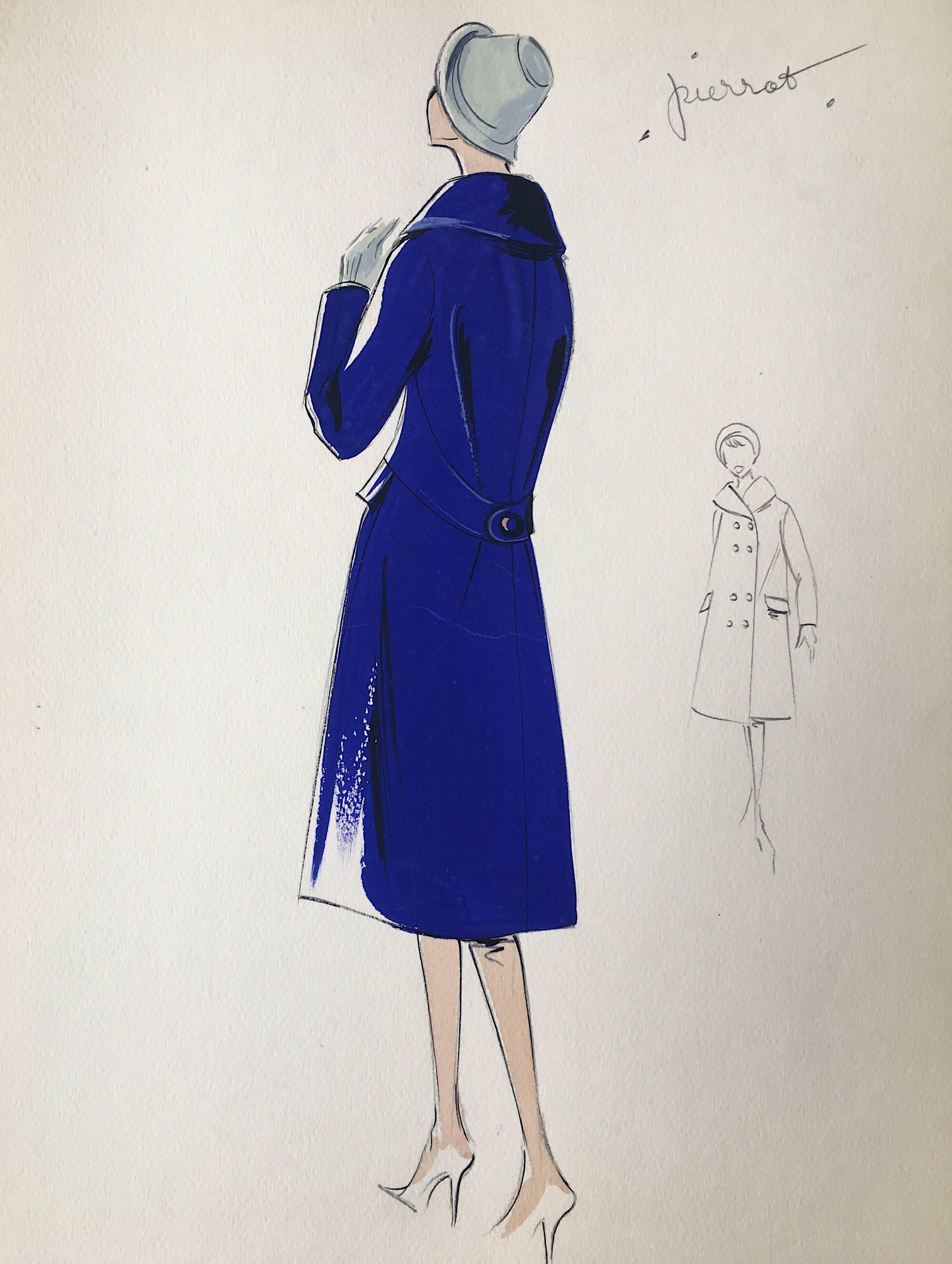 Lady in Elegant 1950's Winter Coat Parisian Fashion Illustration Sketch For Sale