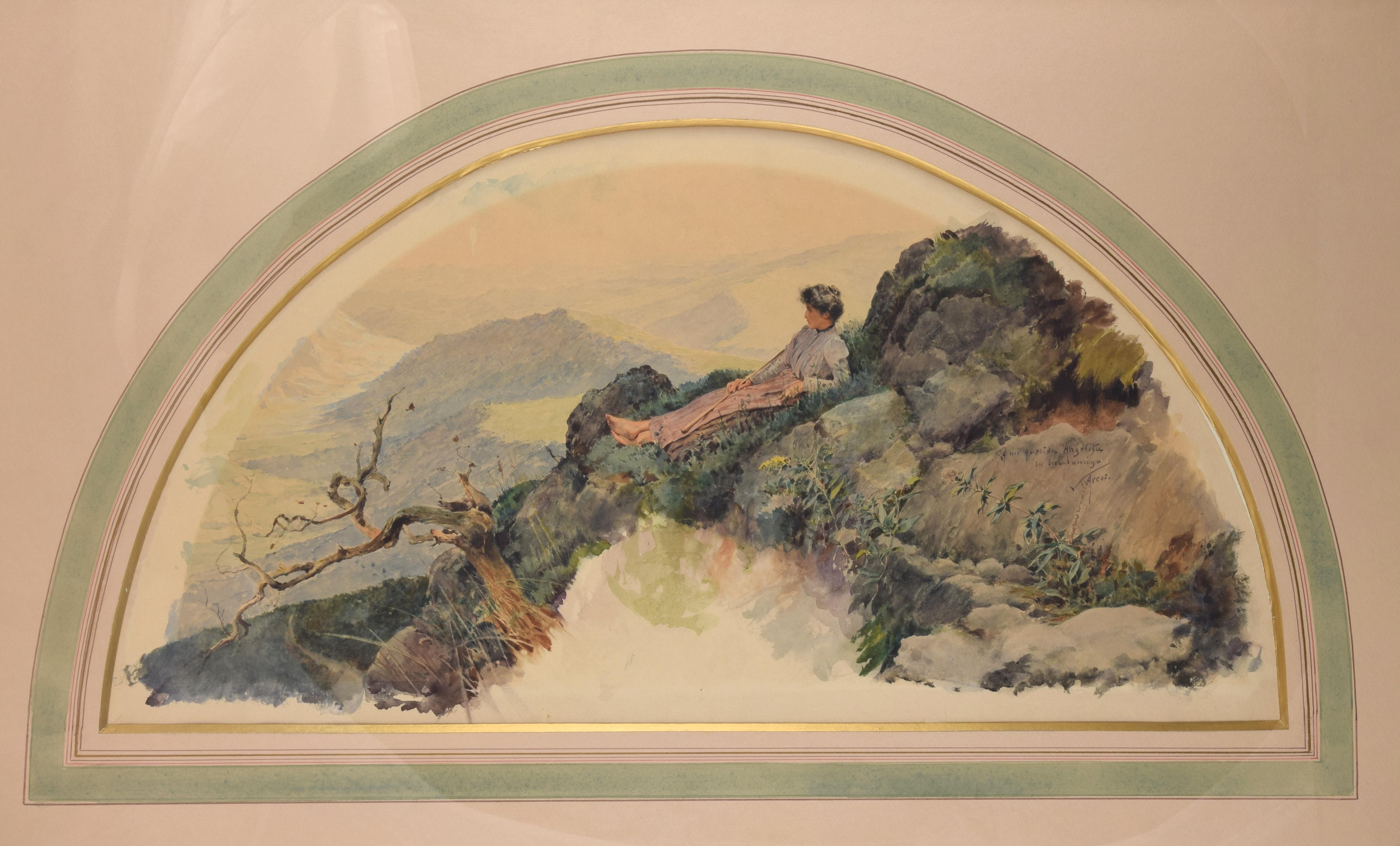 Lady in landscape. Watercolor. Dedicated and signed in the right area. ARCOS Y MEGALDE, Santiago (Santiago, Chile, 1865- San Sebastián ?, 1912).
Watercolor arranged in the shape of a fan country that shows a high mountain landscape contemplated by