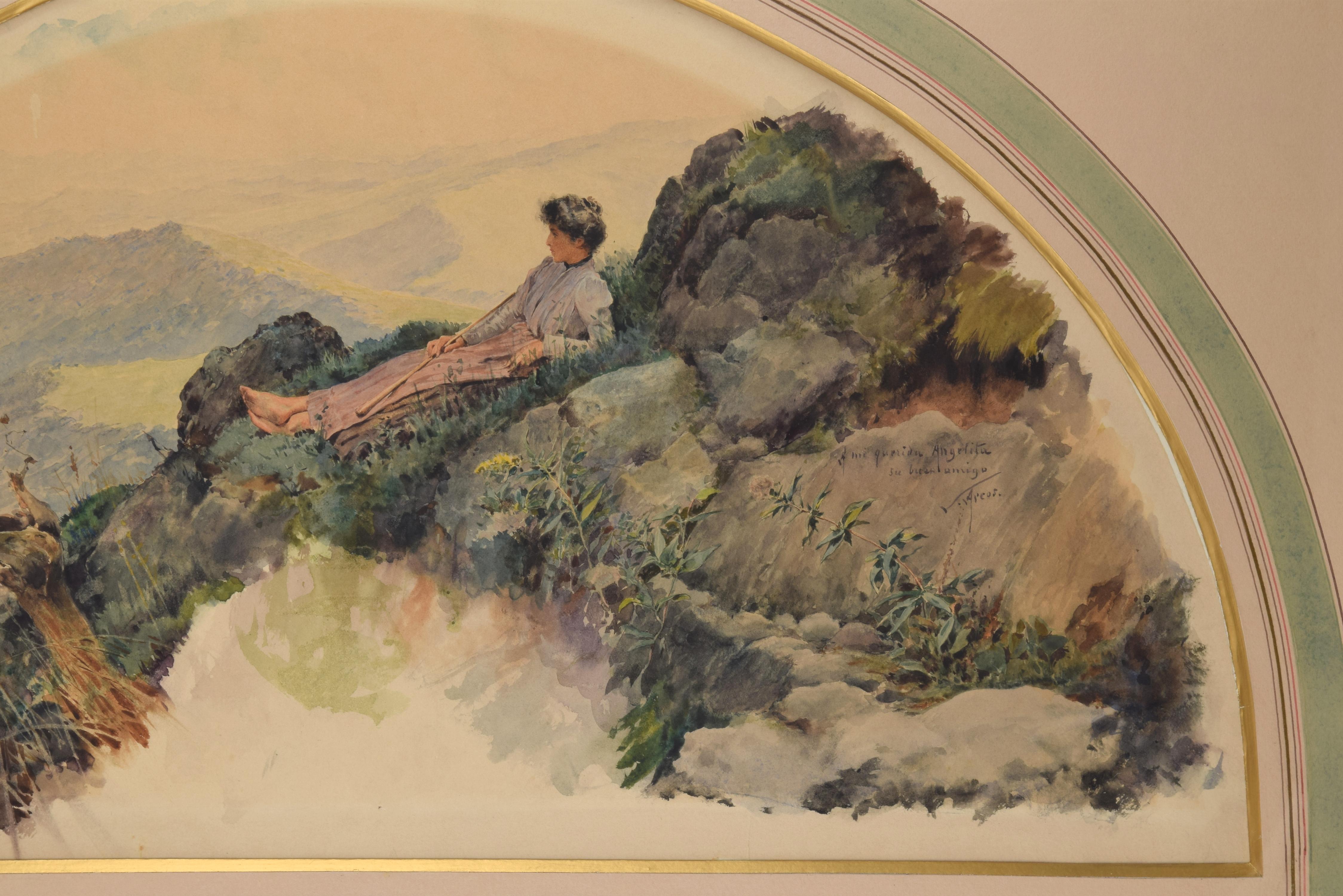 Other Lady in Landscape, Watercolor, Dedicated and Signed, Arcos Y Megalde, Santiago