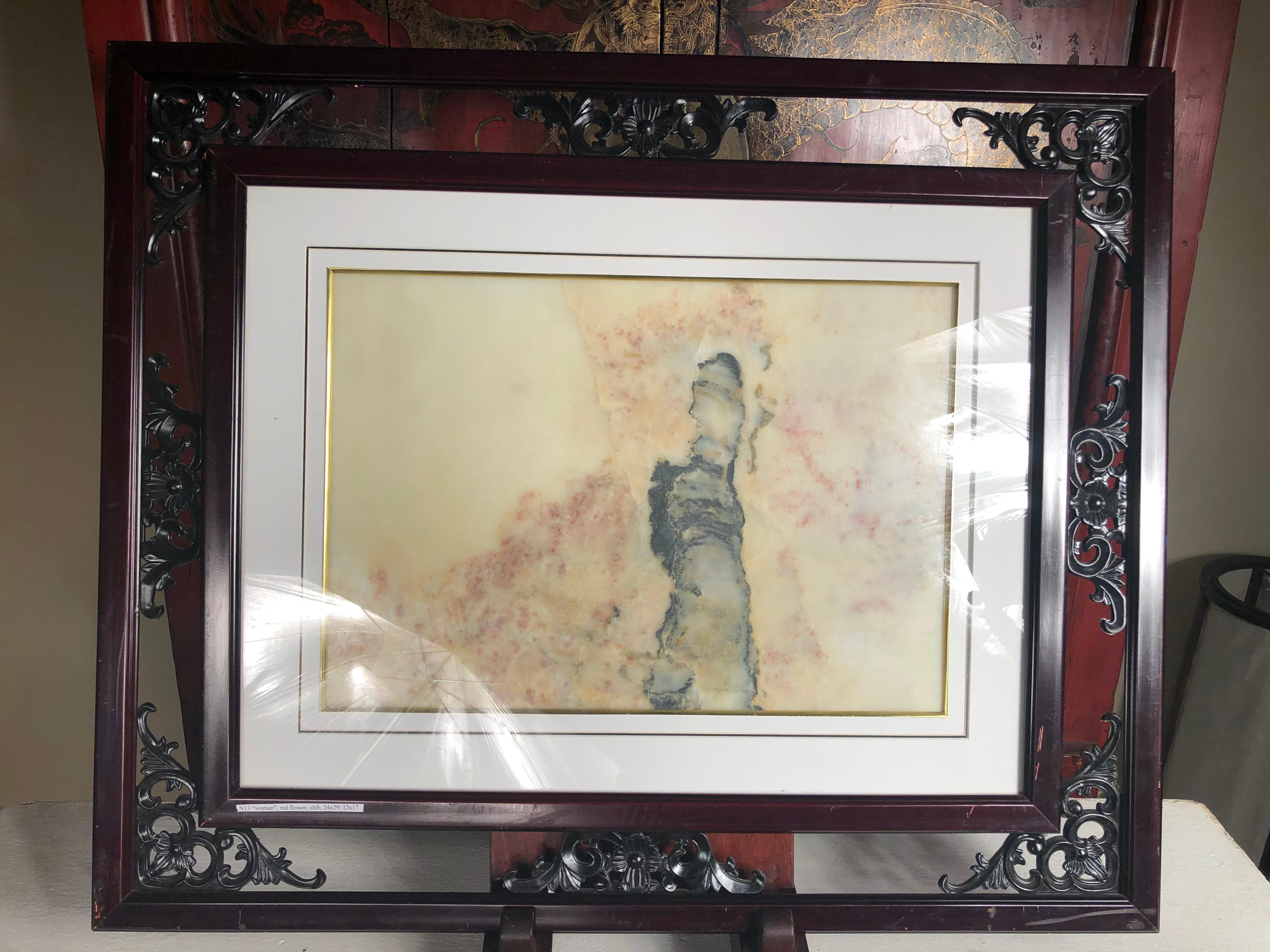 Chinese China  Extraordinary Unique Lady In Pink Natural Stone Painting For Sale