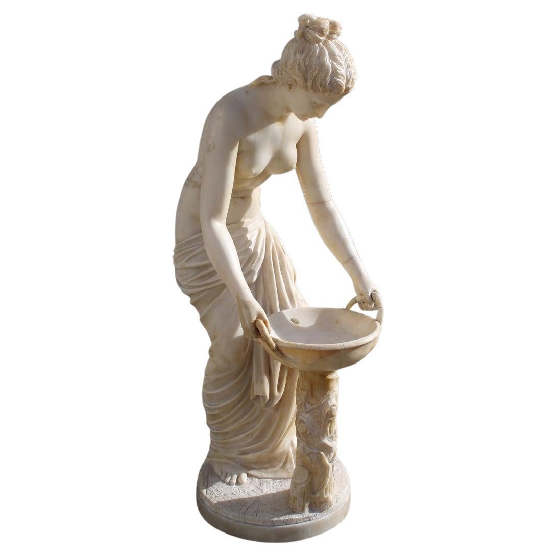 Lady in Solid Italian Art Nouveau Marble with Column and Fountain 1910 For Sale