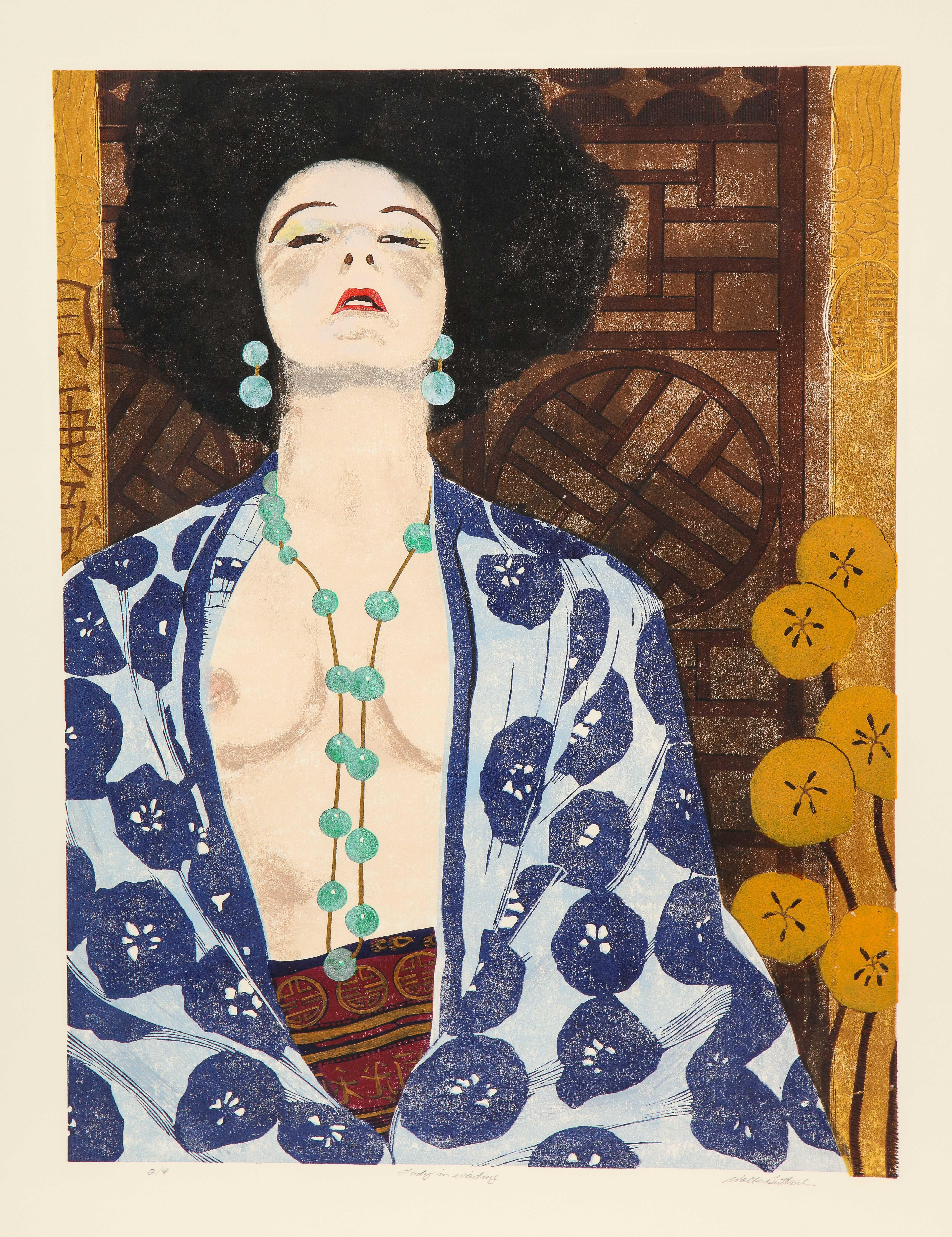 A wonderful print by the Bostonian artist that is a homage to Gustav Klimt and Japanese woodblock printing. The figure sits in the foreground partially dressed in a loose Kimono A necklace of turquoise beads cascade between her cleavage and match