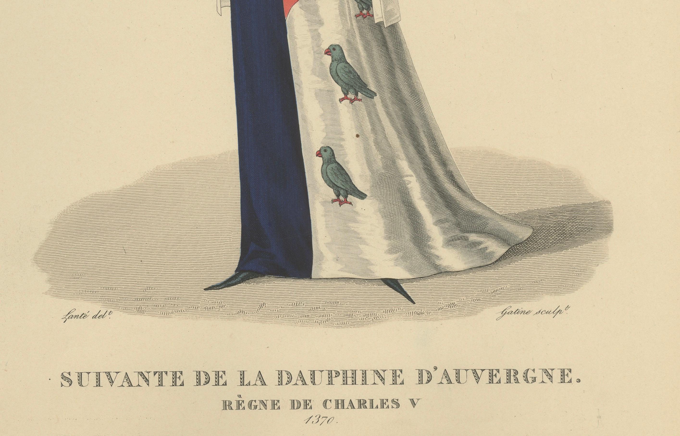 Handkoloriertes Porträt einer Hofdame der Dauphine von Auvergne, Regierungszeit Karls V., ca. 1370 (nach 1827, Ausgabe von ca. 1900)

Anmutiger handkolorierter Stich, der eine Hofdame der Dauphine d'Auvergne während der Herrschaft von Karl V. von