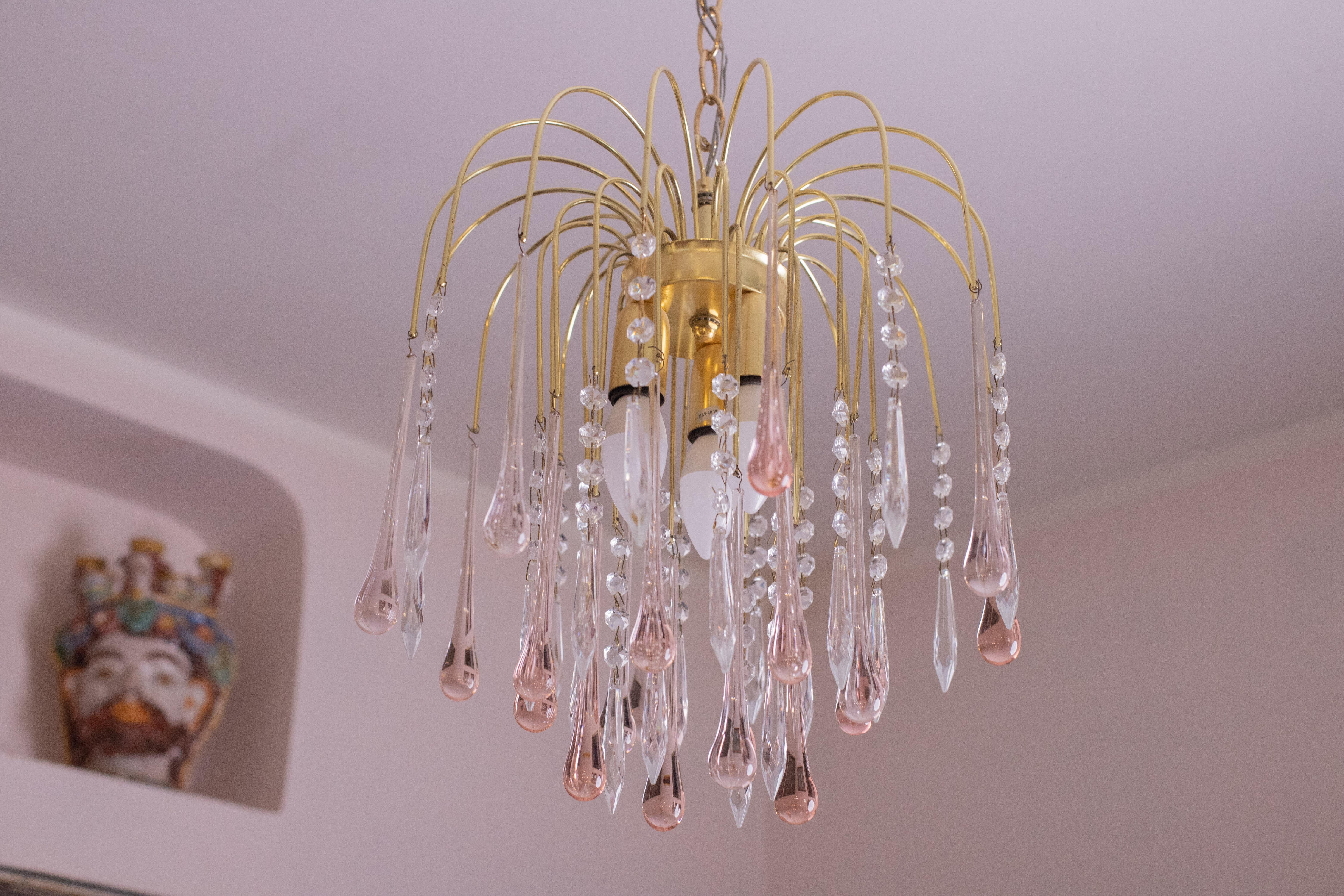 Lady Laly, Pink Drops Murano Chandelier, 1970s For Sale 5