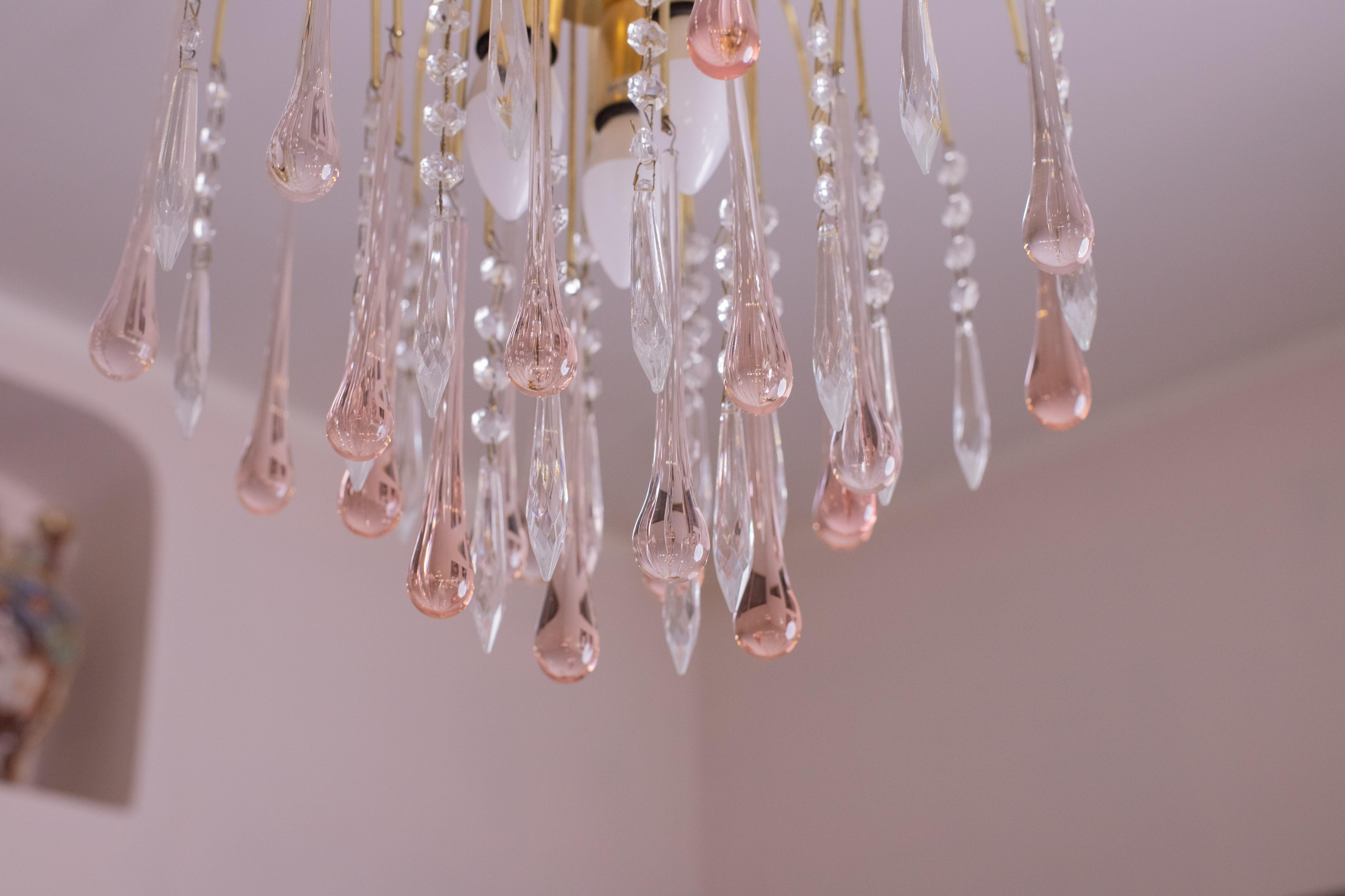 Lady Laly, Pink Drops Murano Chandelier, 1970s For Sale 6