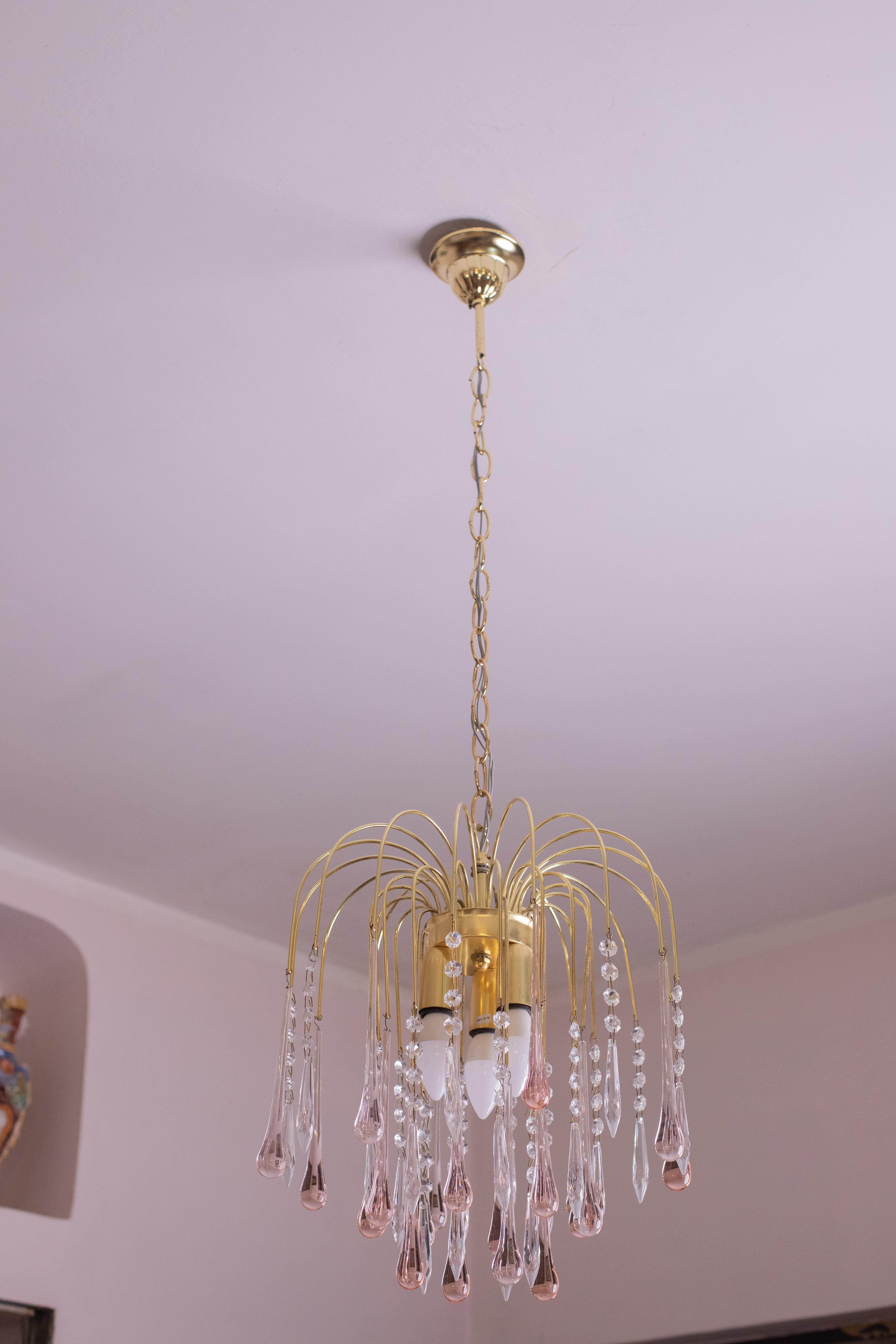 Lady Laly, Pink Drops Murano Chandelier, 1970s In Good Condition For Sale In Roma, IT