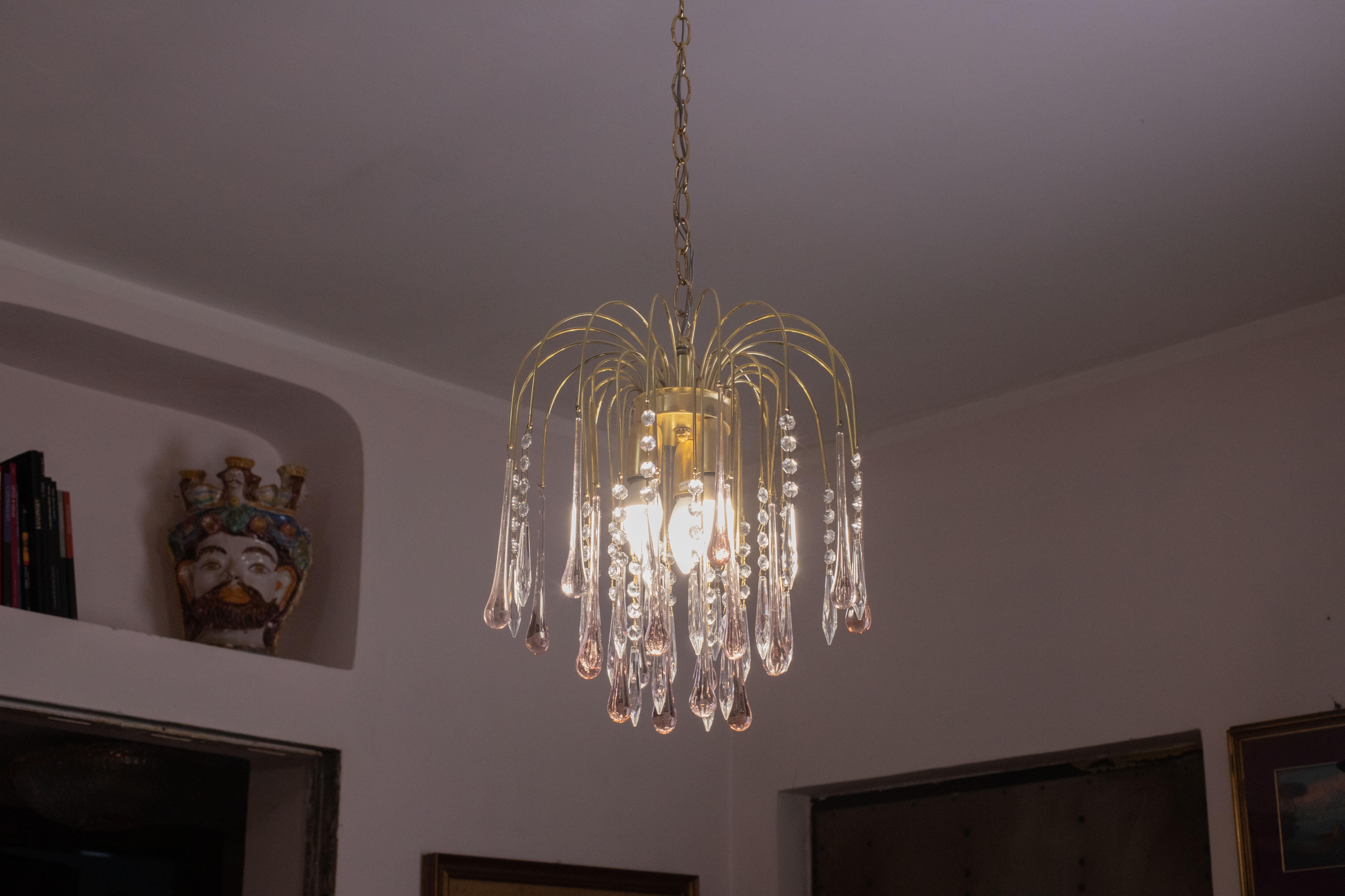Fine XX secolo Lady Laly, lampadario di Murano a gocce rosa, anni '70 in vendita