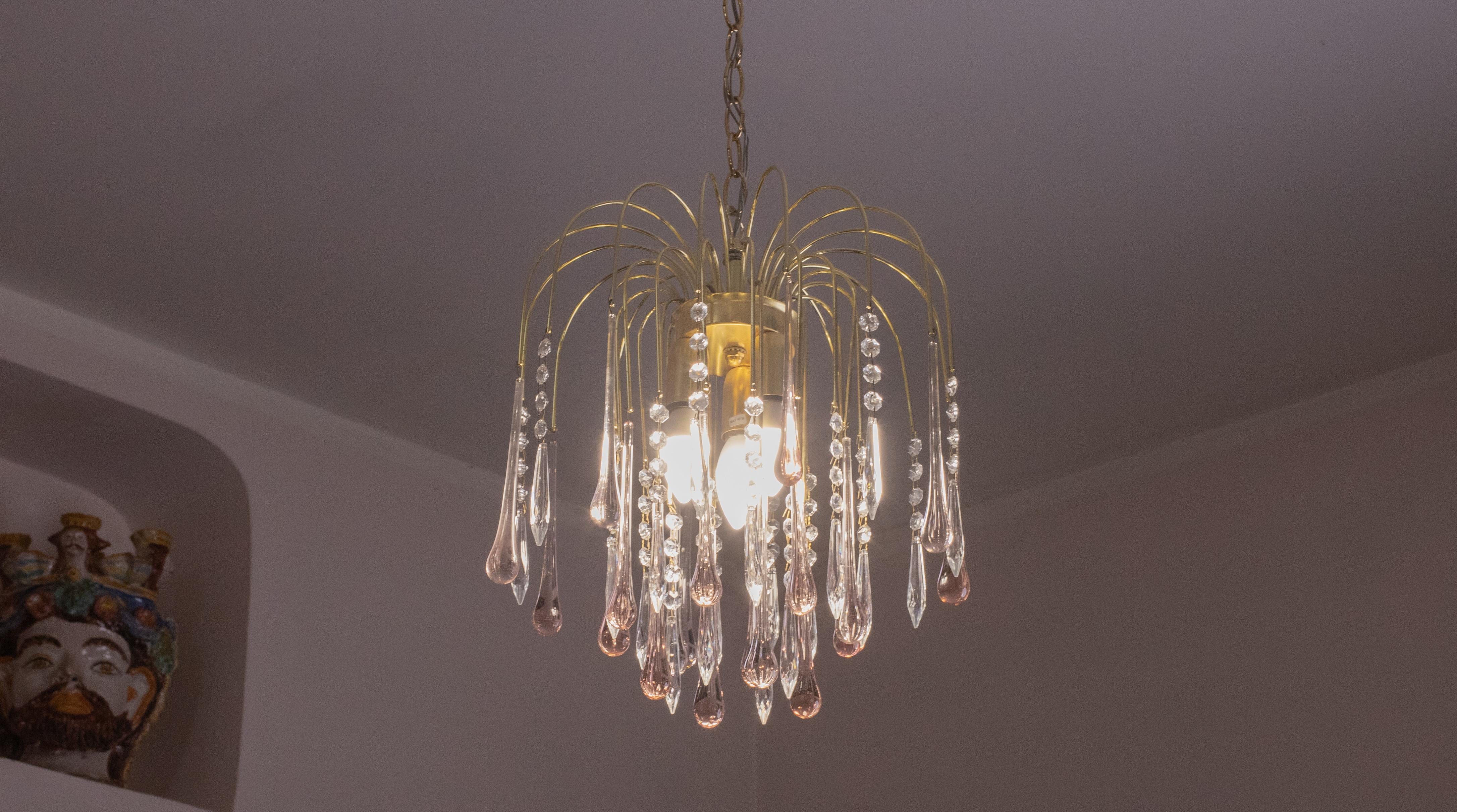 Vetro artistico Lady Laly, lampadario di Murano a gocce rosa, anni '70 in vendita
