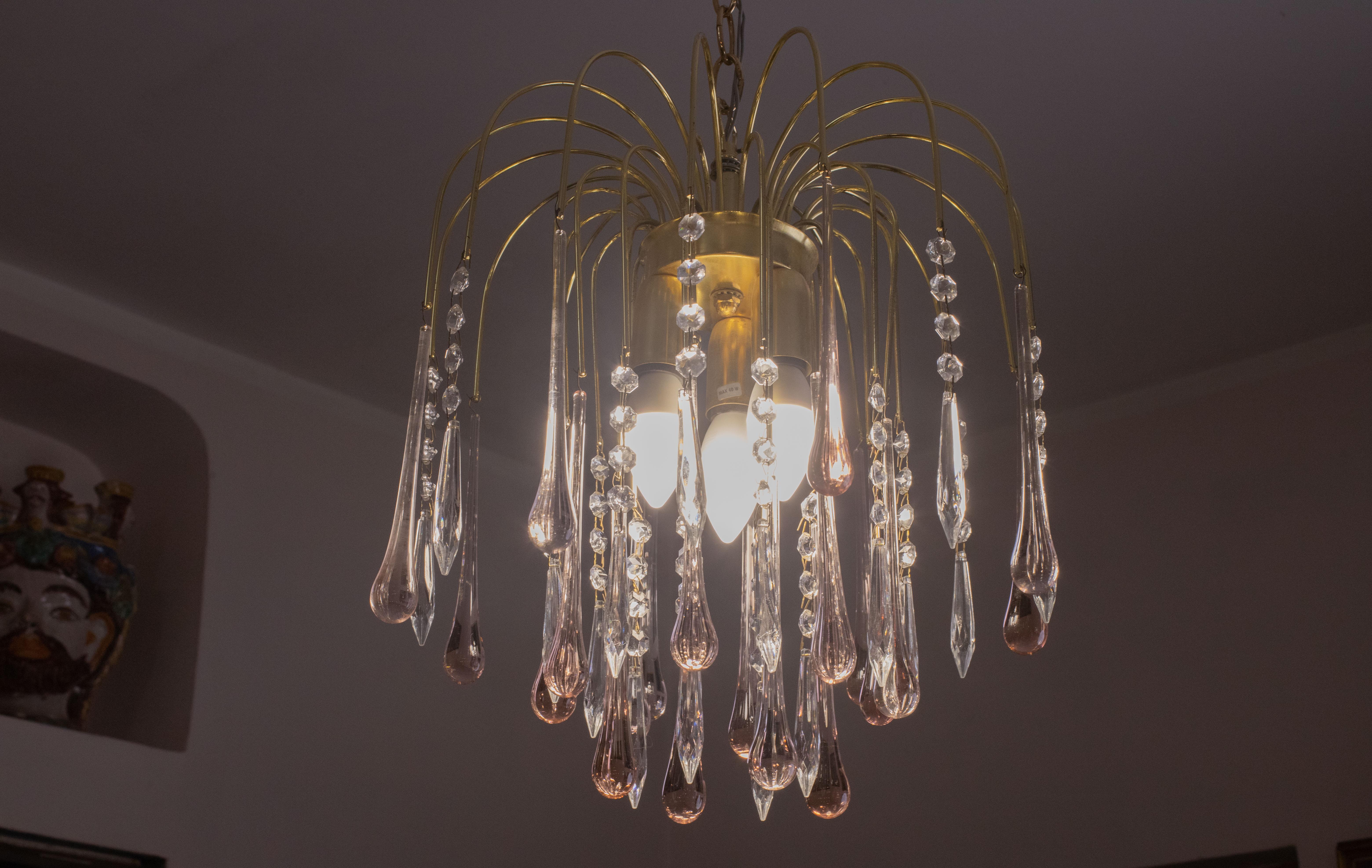 Lady Laly, Pink Drops Murano Chandelier, 1970s For Sale 1