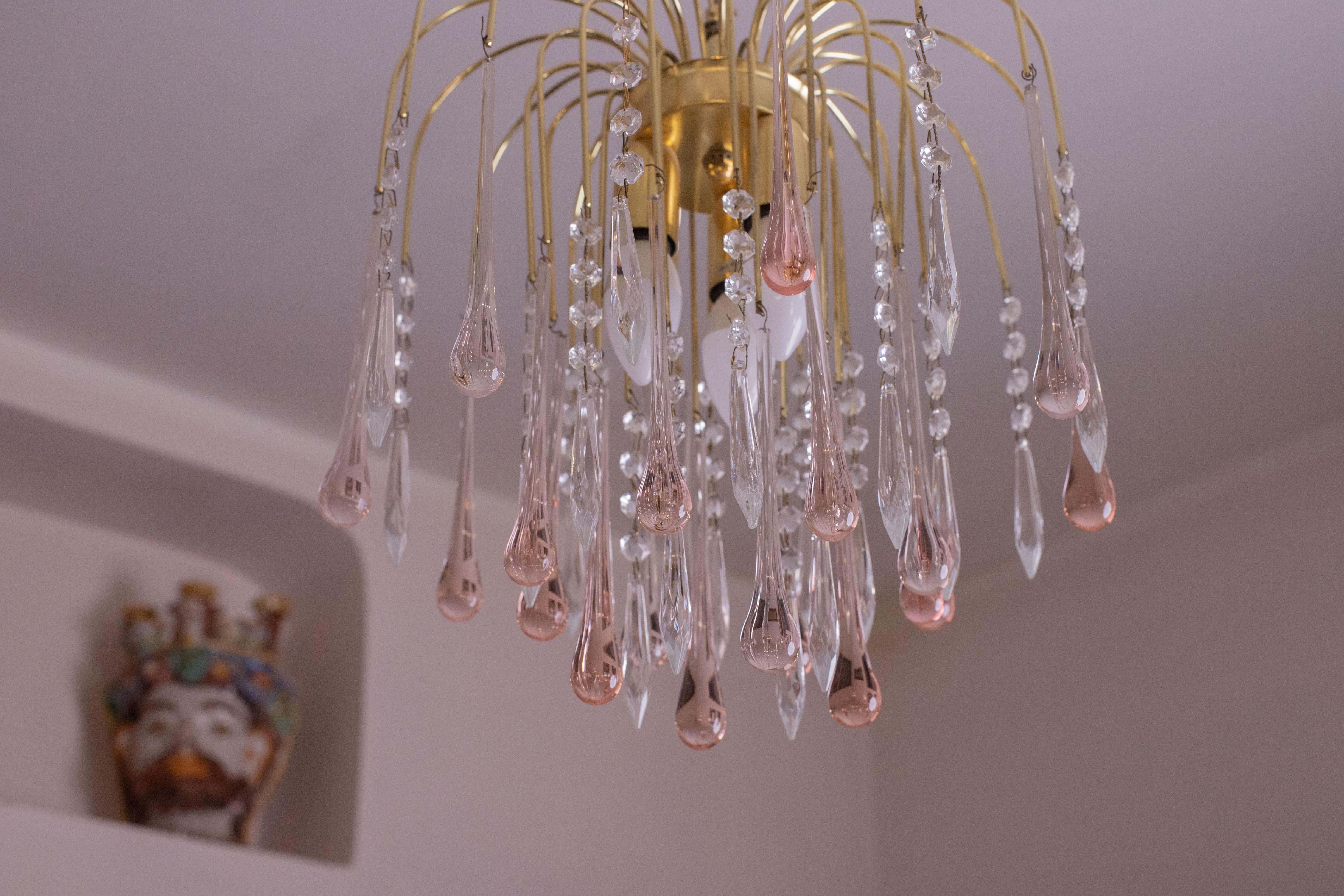 Lady Laly, Pink Drops Murano Chandelier, 1970s For Sale 2