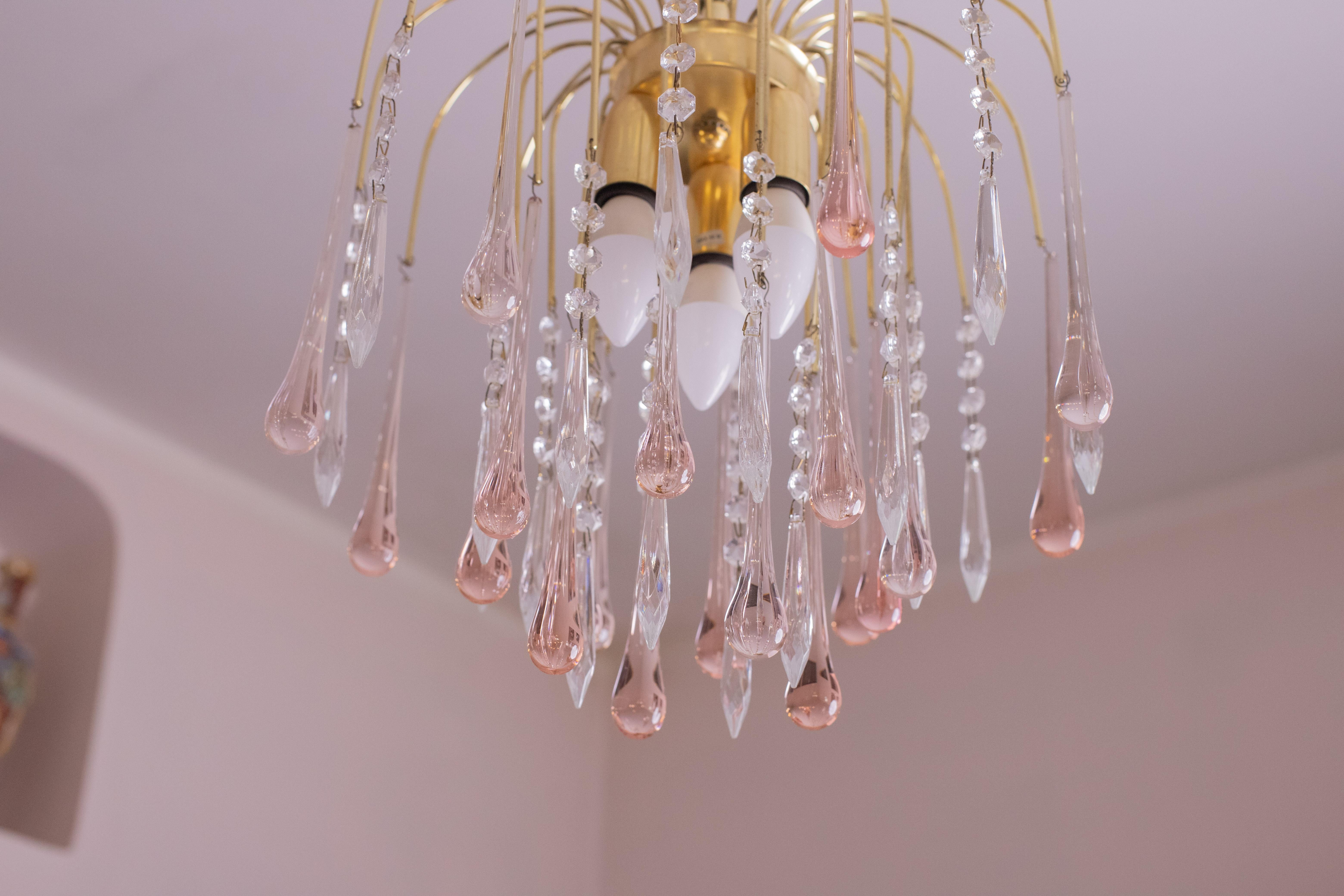 Lady Laly, Pink Drops Murano Chandelier, 1970s For Sale 3