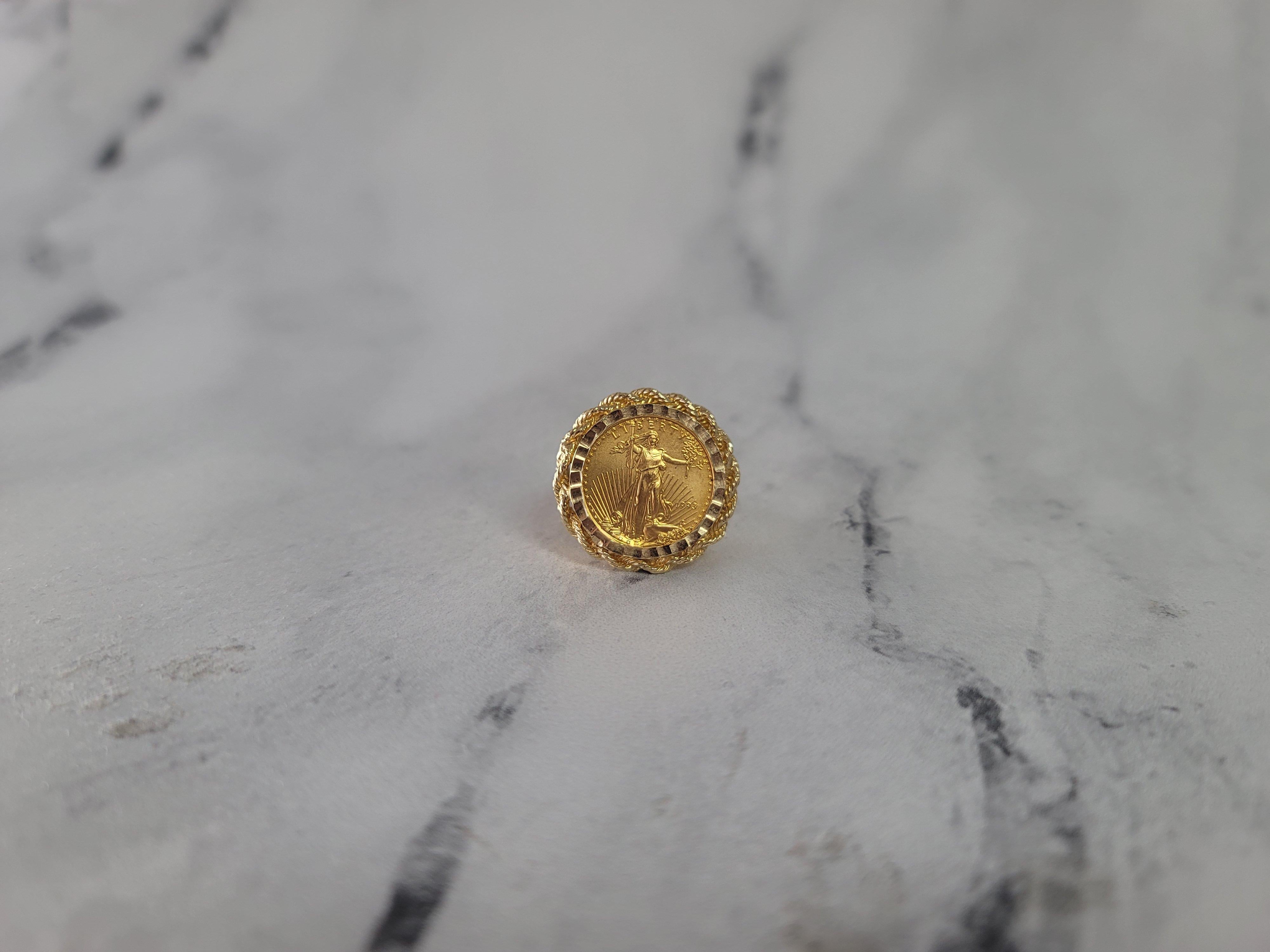 Lady Liberty Coin Ring w/ Diamond Cut & Rope Bezel 14k Yellow Gold In New Condition For Sale In Sugar Land, TX