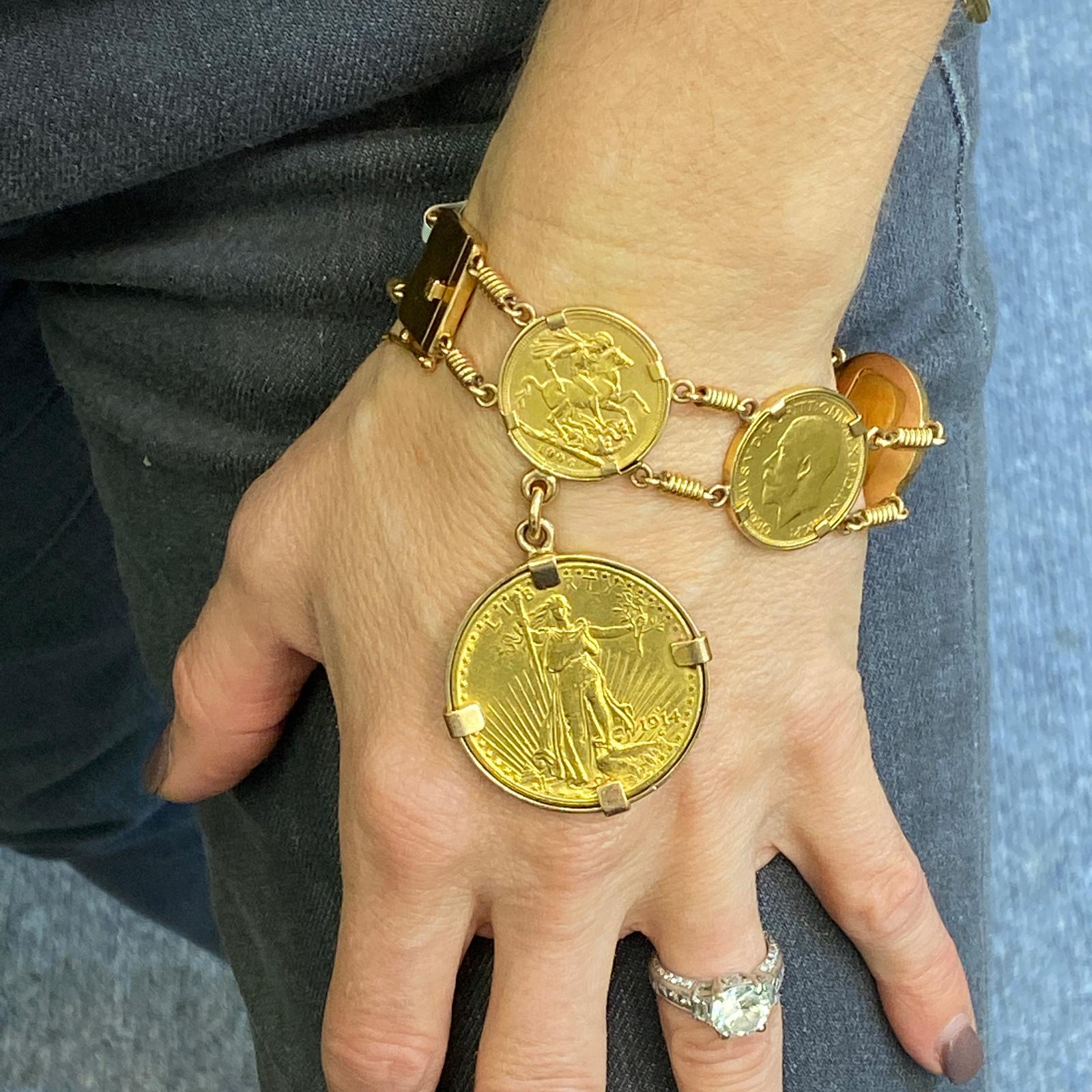 Fabulous vintage coin bracelet fashioned in 18 karat yellow gold frames and links. The bracelet features a Lady Liberty $20 US gold coin and 5 English Sovereign Gold coins. The coins are 90% gold. The bracelet measures 8.0 inches in length. 