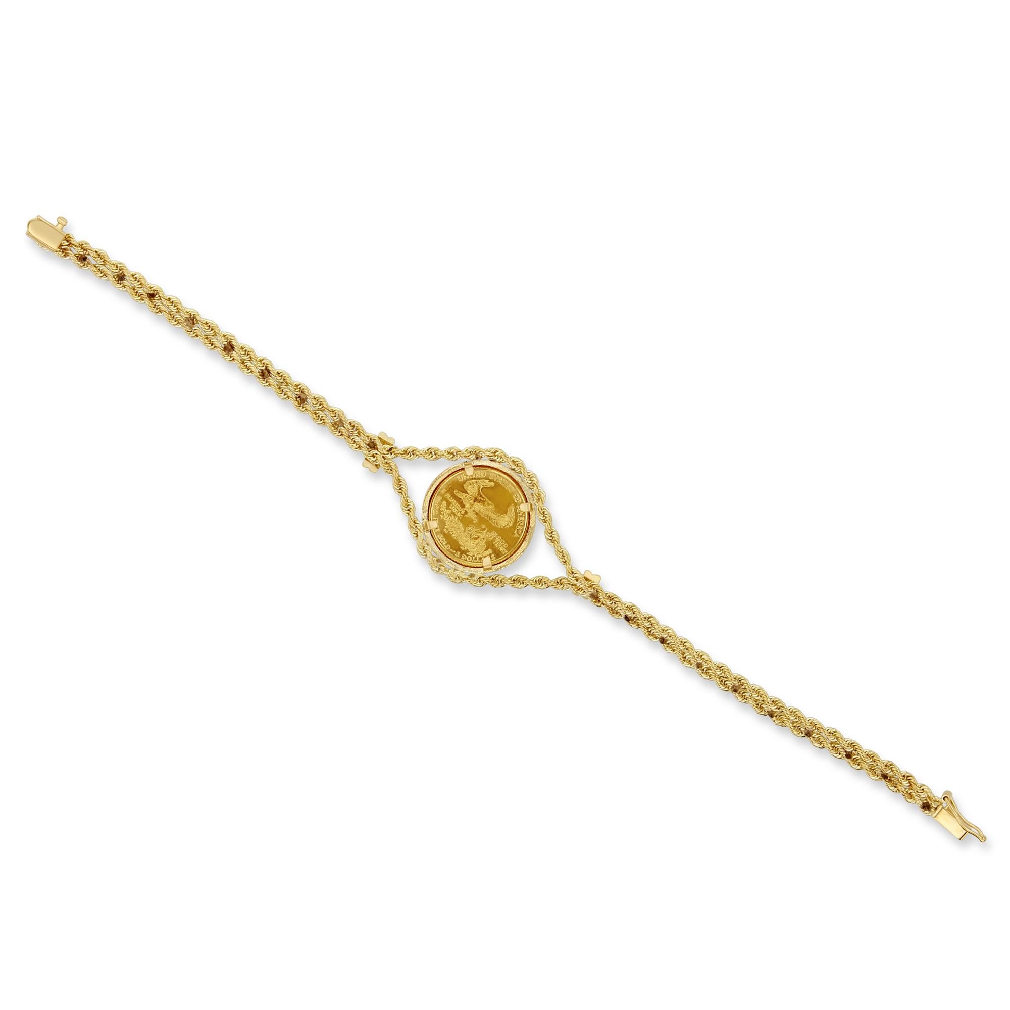 Lady Liberty American Eagle 1/10OZ Coin Bracelet with a solid 14k Yellow Gold Fluted Bezel on a Rope Chain

Experience the spirit of freedom and national pride with our enchanting Lady Liberty American Eagle Coin Bracelet. Crafted in 14k Yellow
