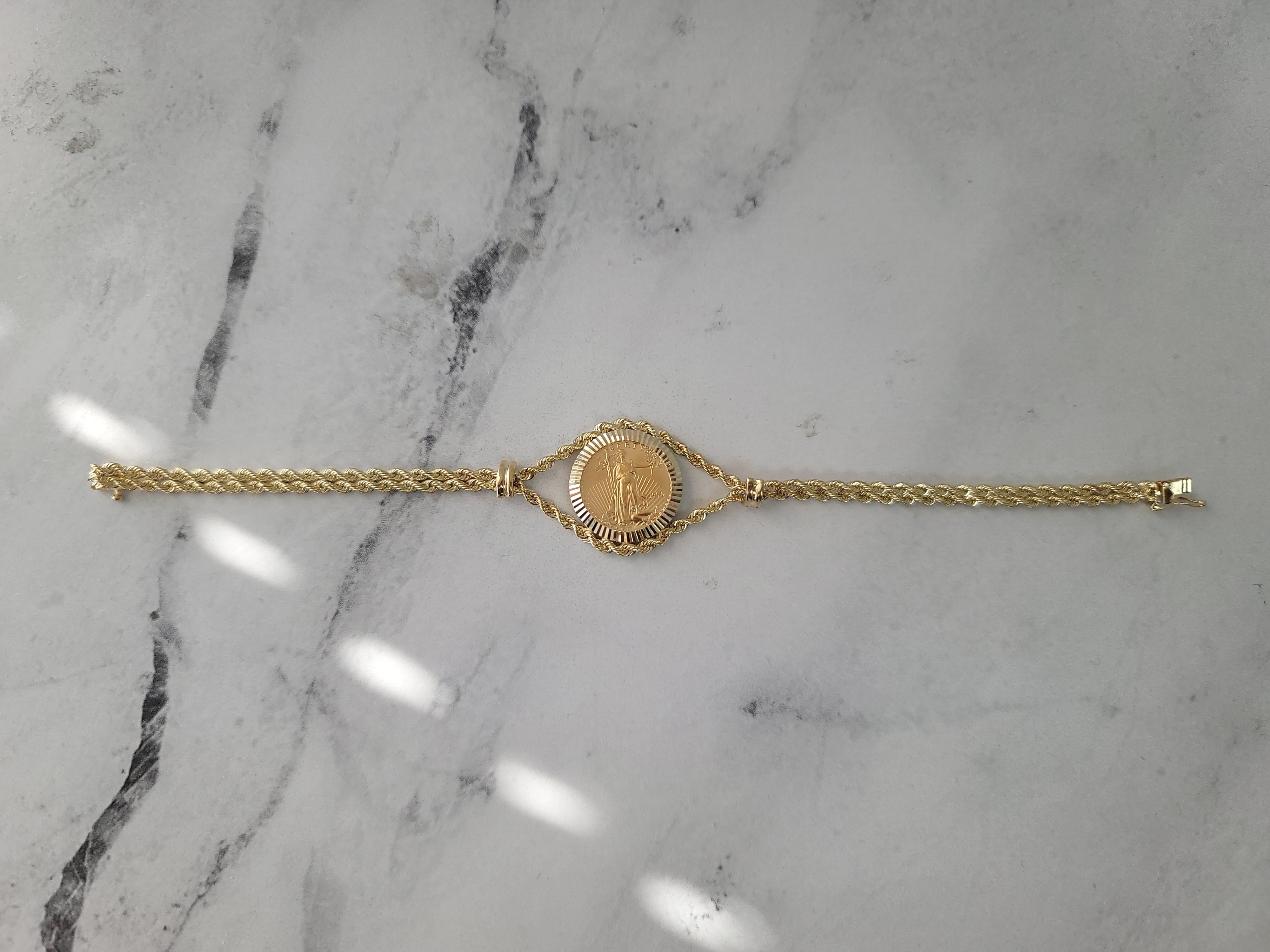 Lady Liberty US Coin Bracelet with Fluted Bezel on Rope Chain 14k Yellow Gold In New Condition For Sale In Sugar Land, TX