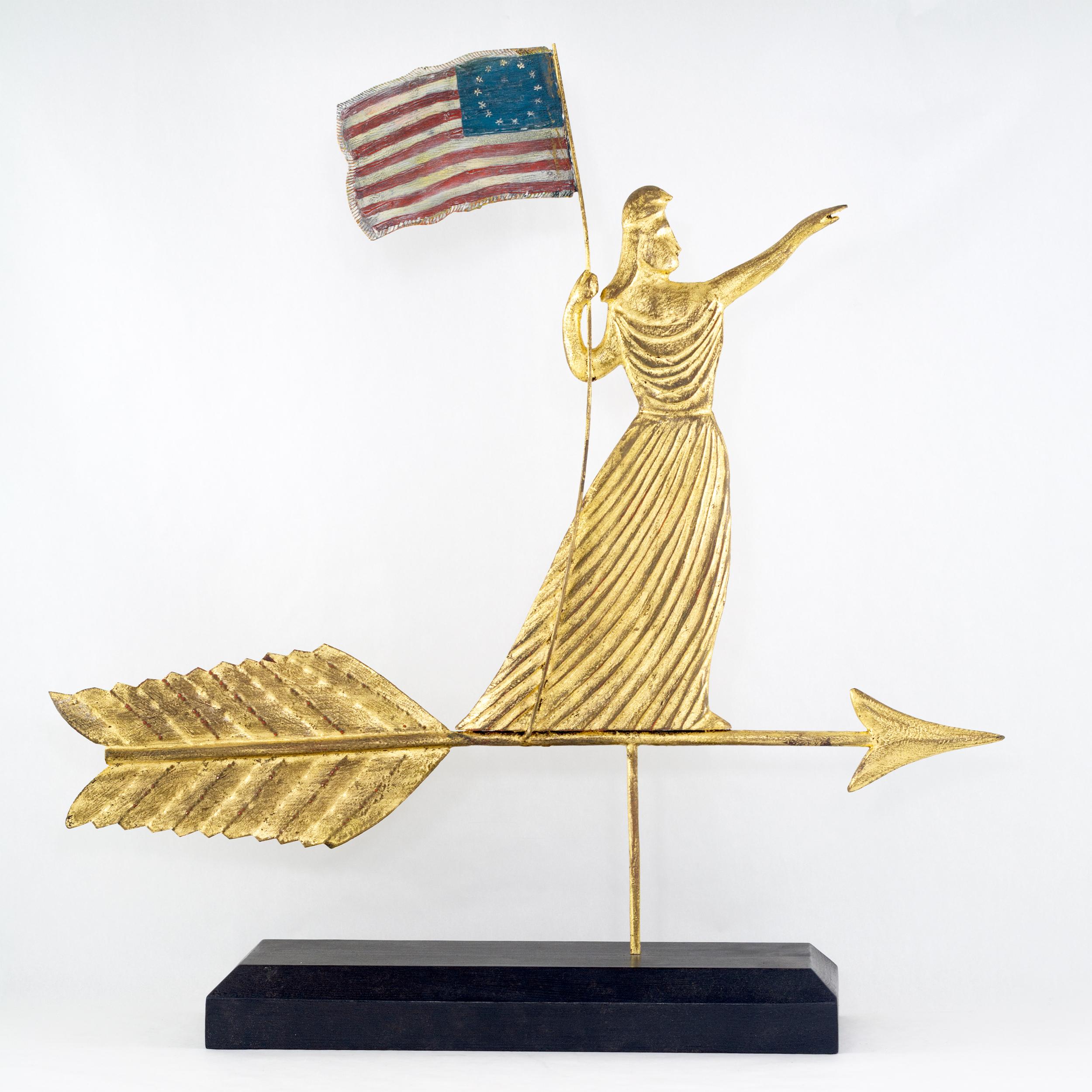 This sculpture is a reproduction of a 19th century weathervane design. Carved from pine and gilded with 24-carat gold leaf. This piece can also be made with any paint color
Made by renowned artist Will Kautz.
 