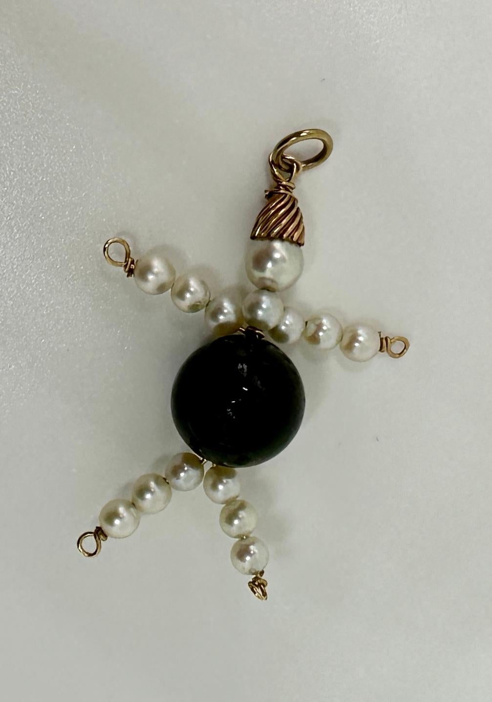 THIS IS A WONDERFUL JEWELED ANTIQUE ART DECO - RETRO PENDANT OR CHARM IN THE FORM OF A LADY OR MAN WITH A HAT IN BLACK ONYX, PEARL AND 14 KARAT GOLD. 
WE ALSO HAVE A ROSE QUARTZ MATCHING PENDANT!  YOU COULD MAKE EARRINGS OF THE TWO!
THE CHARM IS