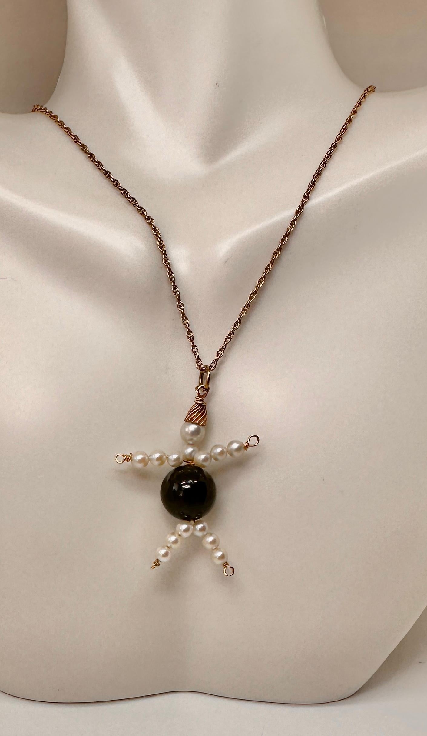 Bead Lady Man Pendant Charm Necklace Black Onyx Pearl 14 Karat Gold Antique Retro For Sale