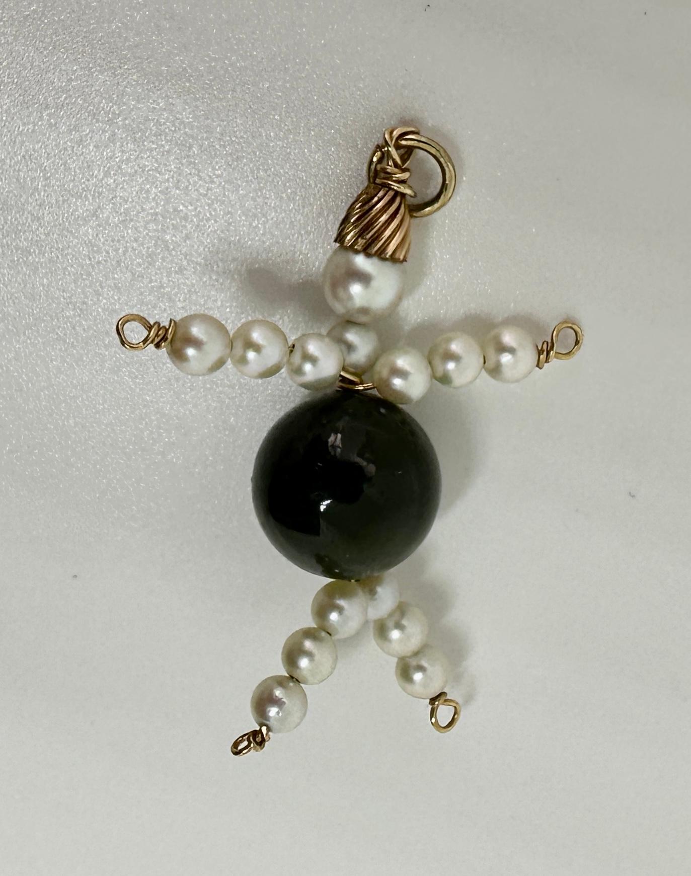 Lady Man Pendant Charm Necklace Black Onyx Pearl 14 Karat Gold Antique Retro In Excellent Condition For Sale In New York, NY