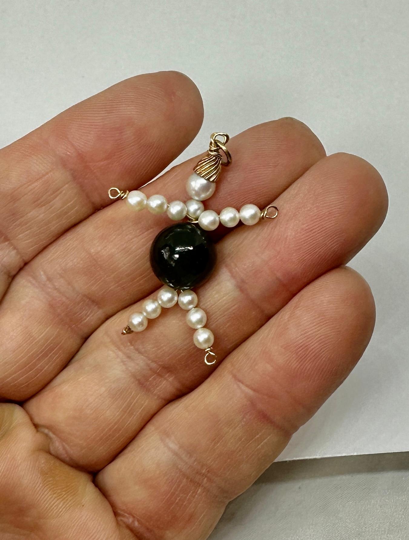 Women's Lady Man Pendant Charm Necklace Black Onyx Pearl 14 Karat Gold Antique Retro For Sale