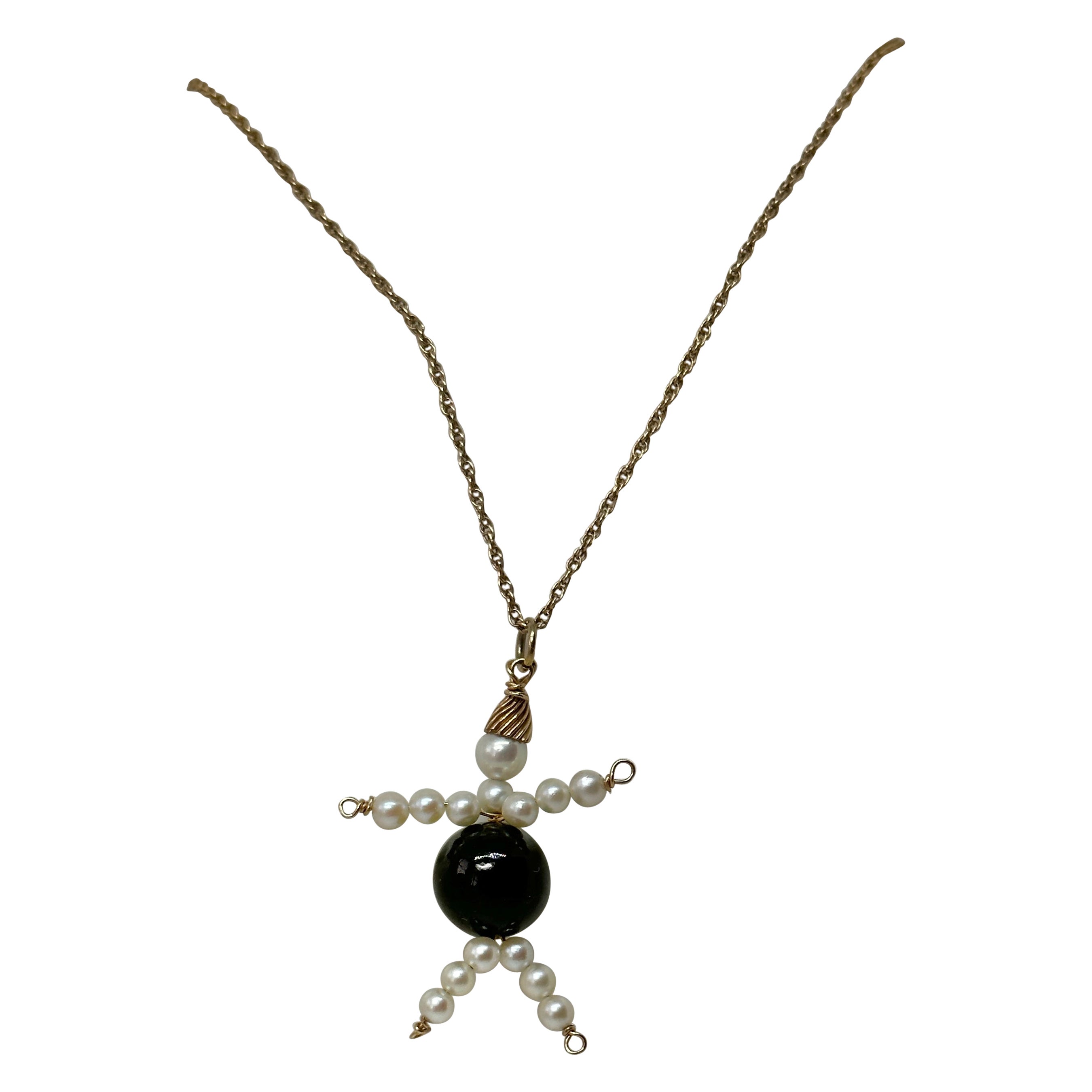 Collier à breloques pour homme ancien rétro en or 14 carats avec onyx noir et perles