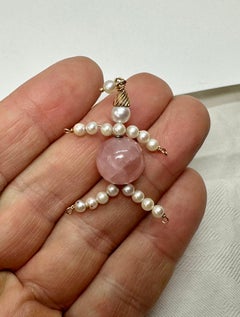 Lady Man Pendant Charm Rose Quartz Pearl 14 Karat Gold Antique Retro