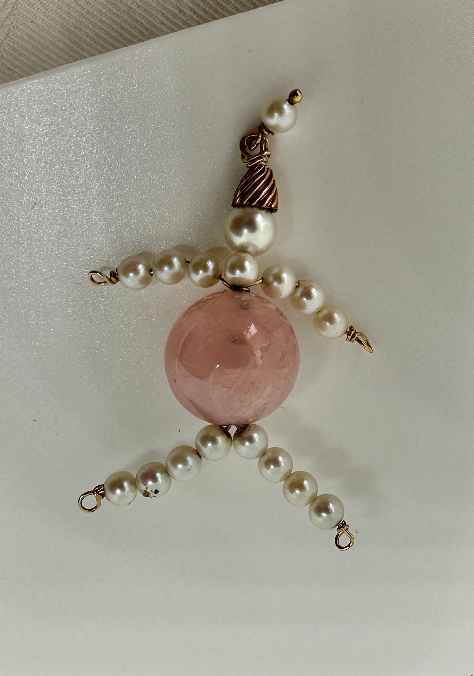 Bead Lady Man Pendant Charm Rose Quartz Pearl 14 Karat Gold Antique Retro For Sale