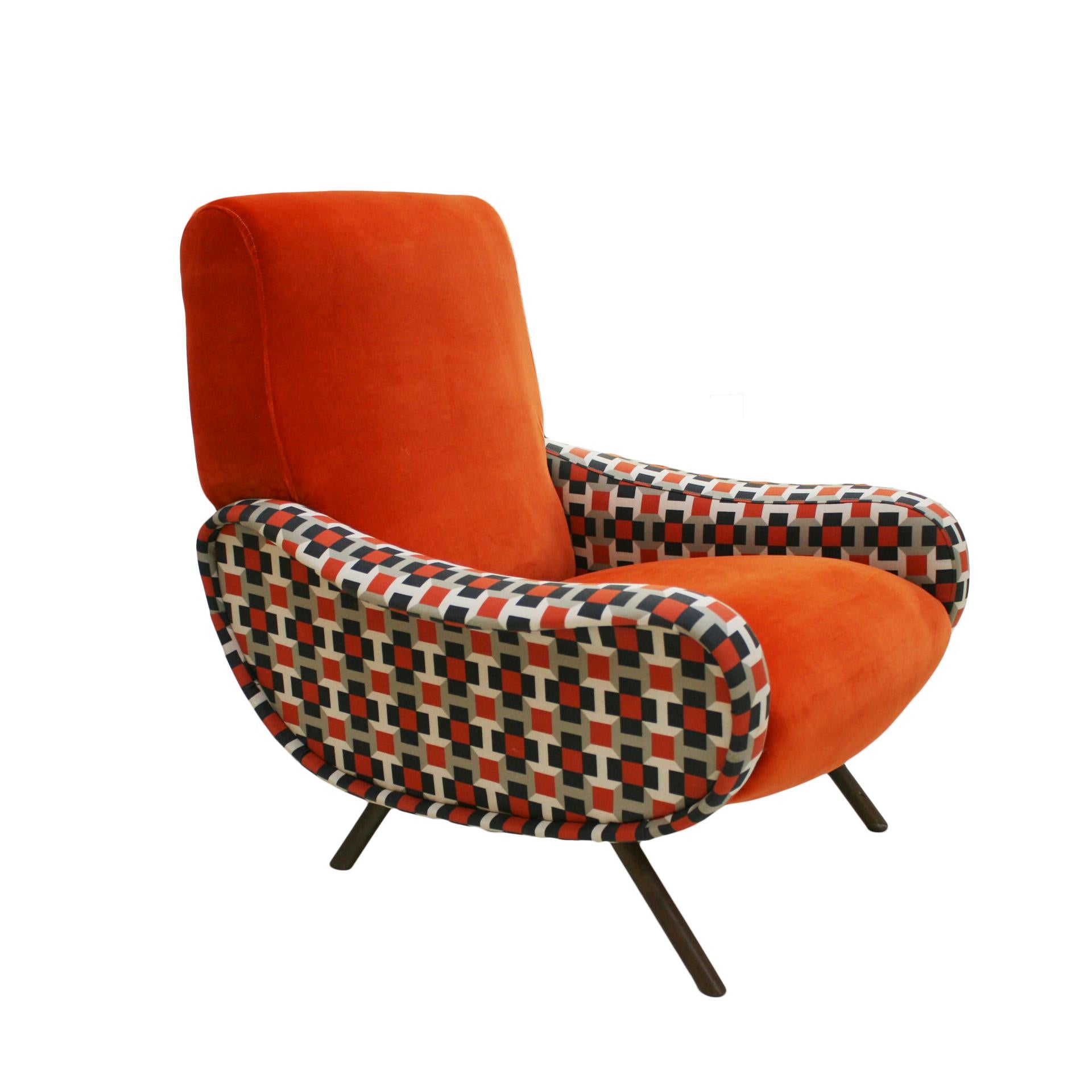 Italienischer Sessel Lady Marco Zanuso von Arflex aus Baumwollsamt und Hermes-Stoff (Moderne der Mitte des Jahrhunderts) im Angebot